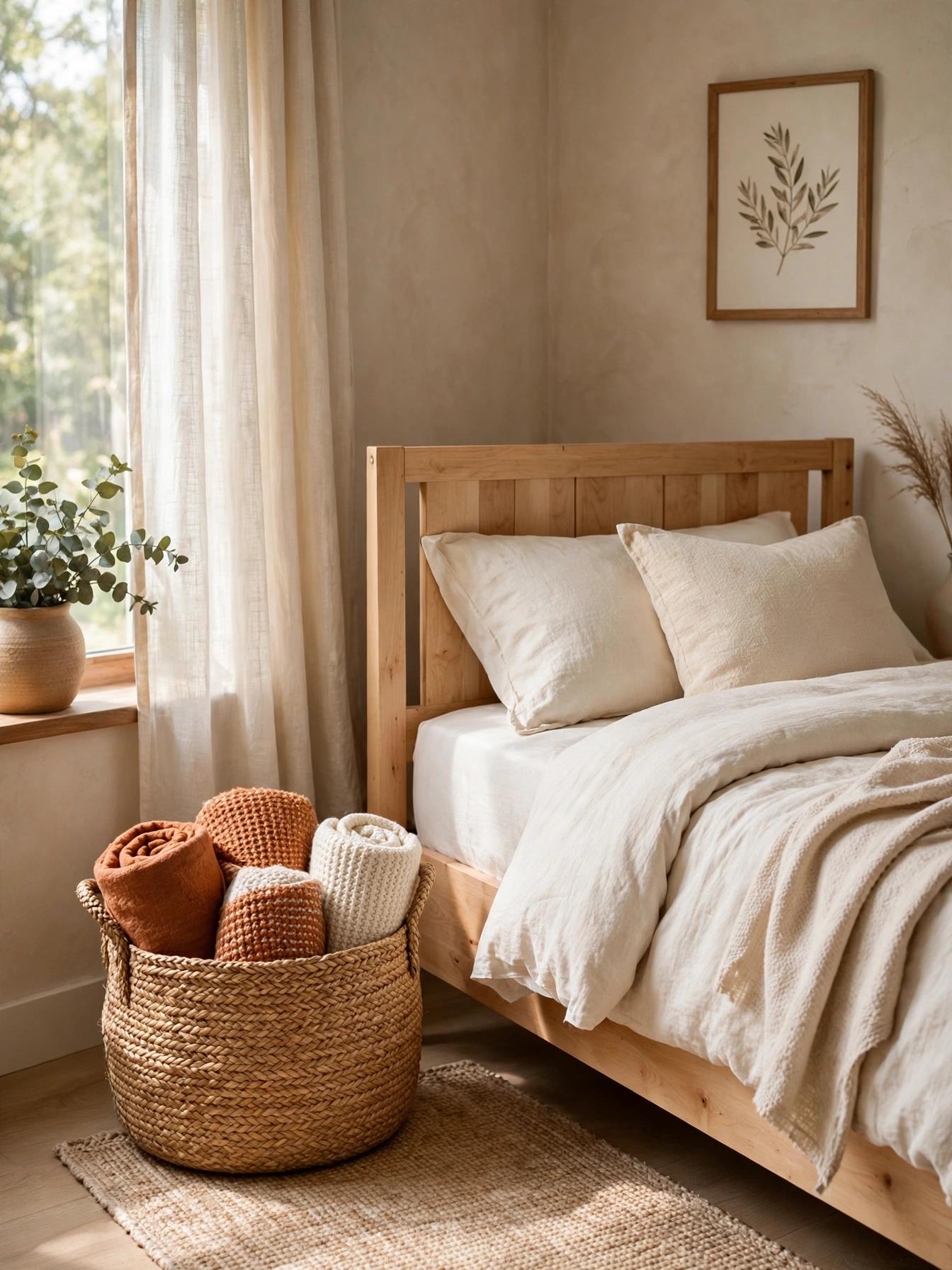 Large seagrass basket holding rolled rust and cream throws beside a maple bed in a cozy bedroom corner.