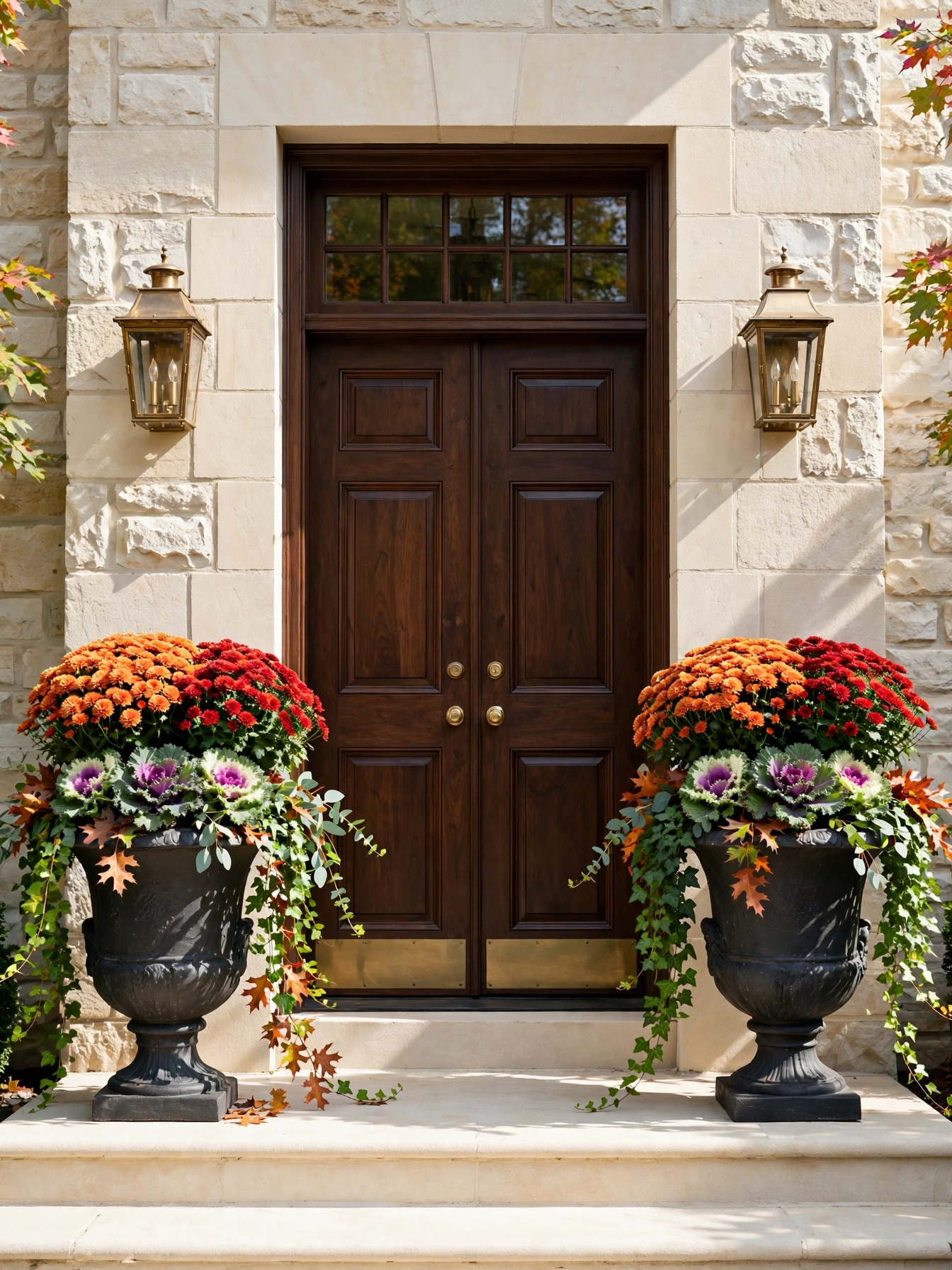 Oversized charcoal urn planters with mums and kale flanking dark walnut double doors, a stately look in these fall front door decor ideas for autumn 2026.