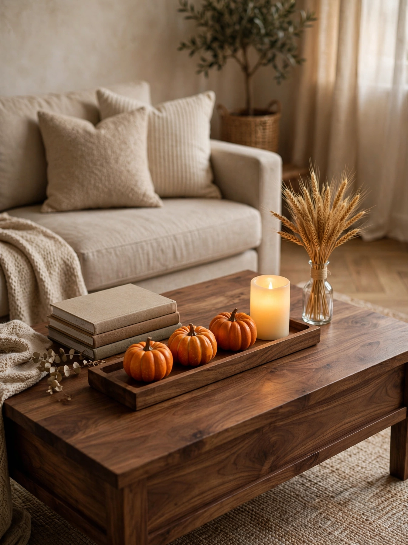 A wood coffee table styled with a tray of mini pumpkins, a candle and dried wheat, a harvest fall living room decor ideas for autumn 2026.