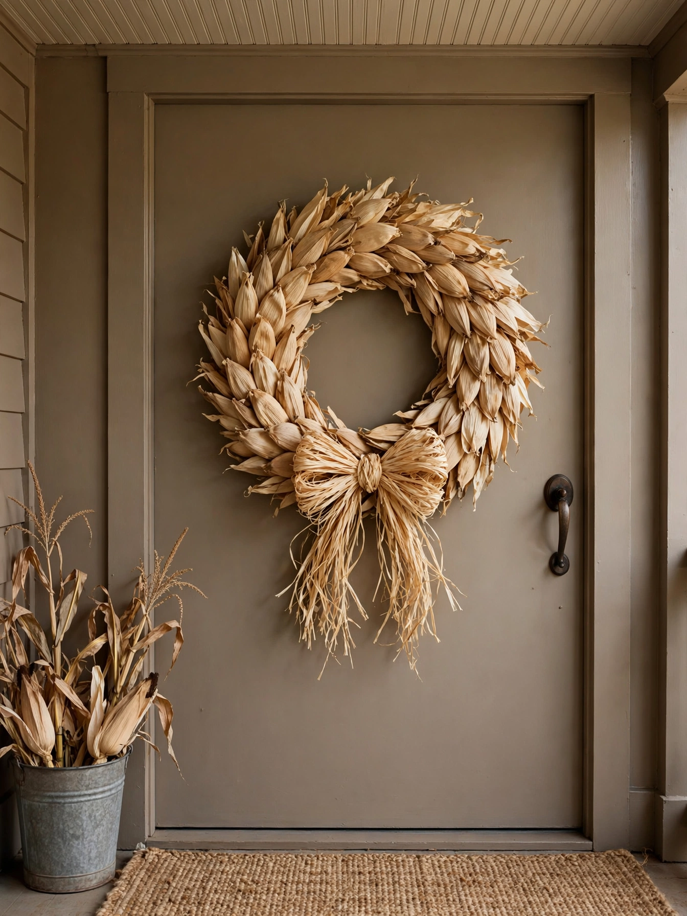Layered dried corn husks with a raffia bow, a handcrafted budget pick from these fall wreath ideas for autumn 2026, on a warm taupe door.