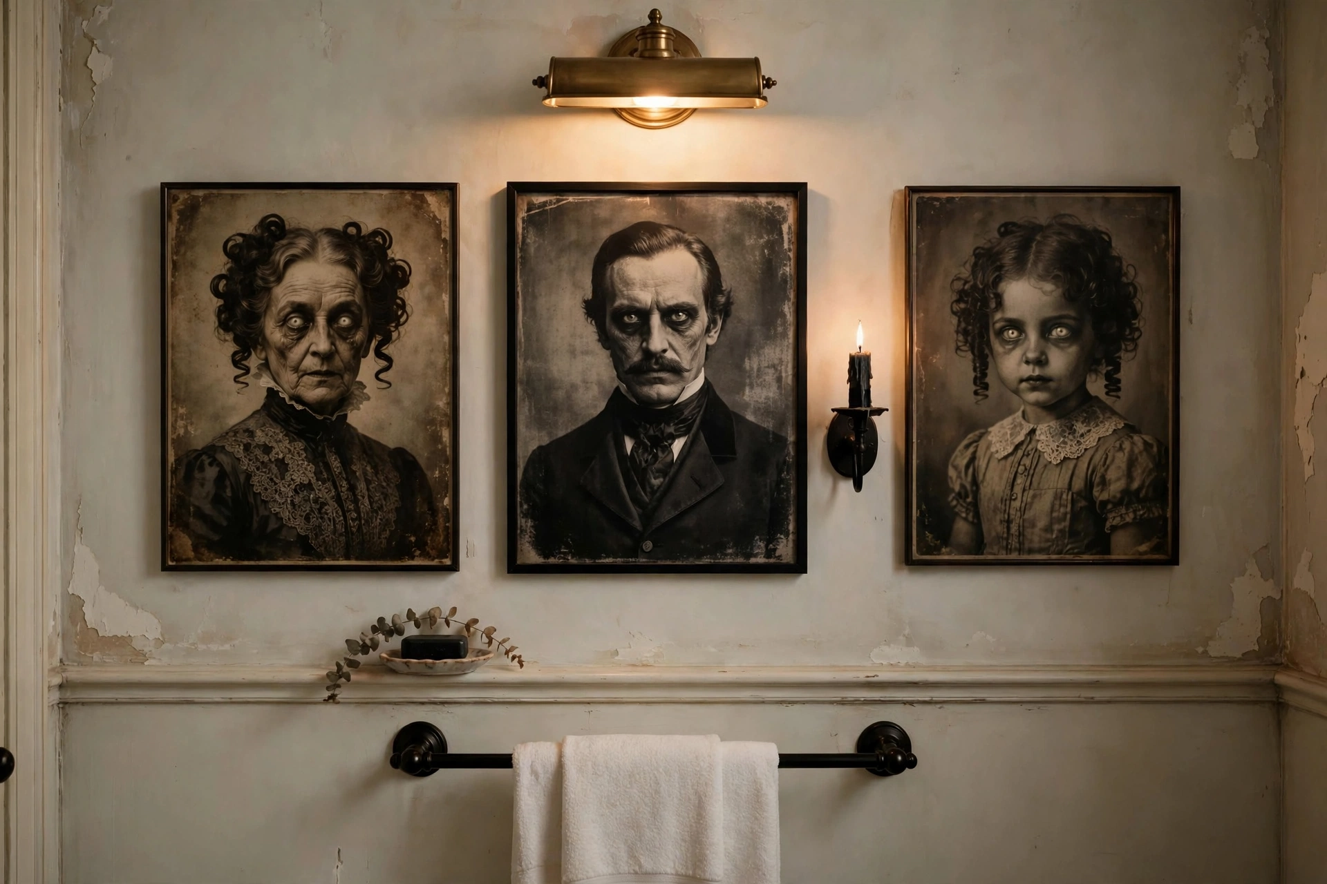 Haunted portrait prints in a Halloween bathroom