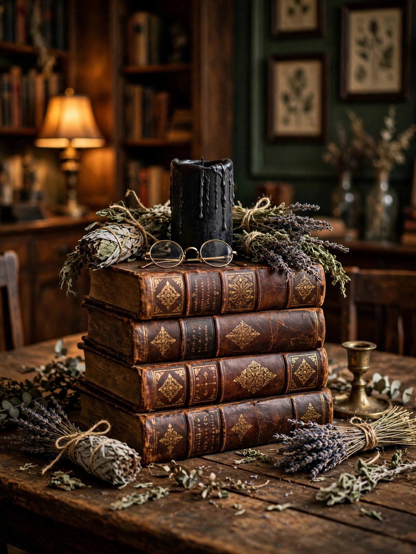 A stack of aged leather-bound spell books with gold titles, topped with a black pillar candle and dried herbs on a dining ...