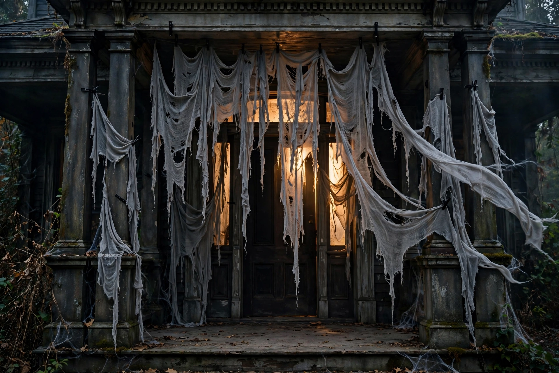 Creepy cloth drapes on a Halloween door