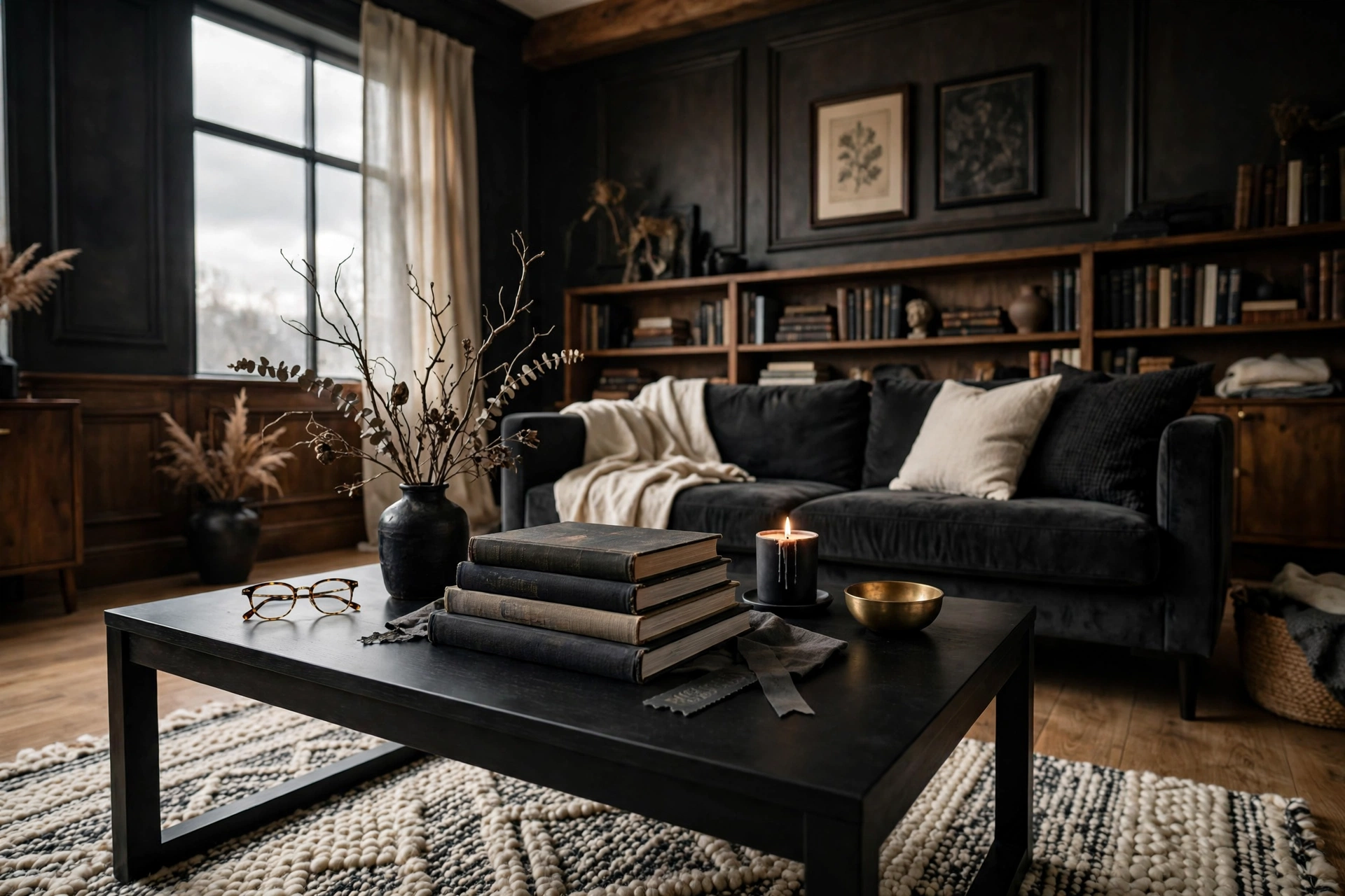 A black coffee table styled with a stack of art books, a small black vase with dried branches, and a candle