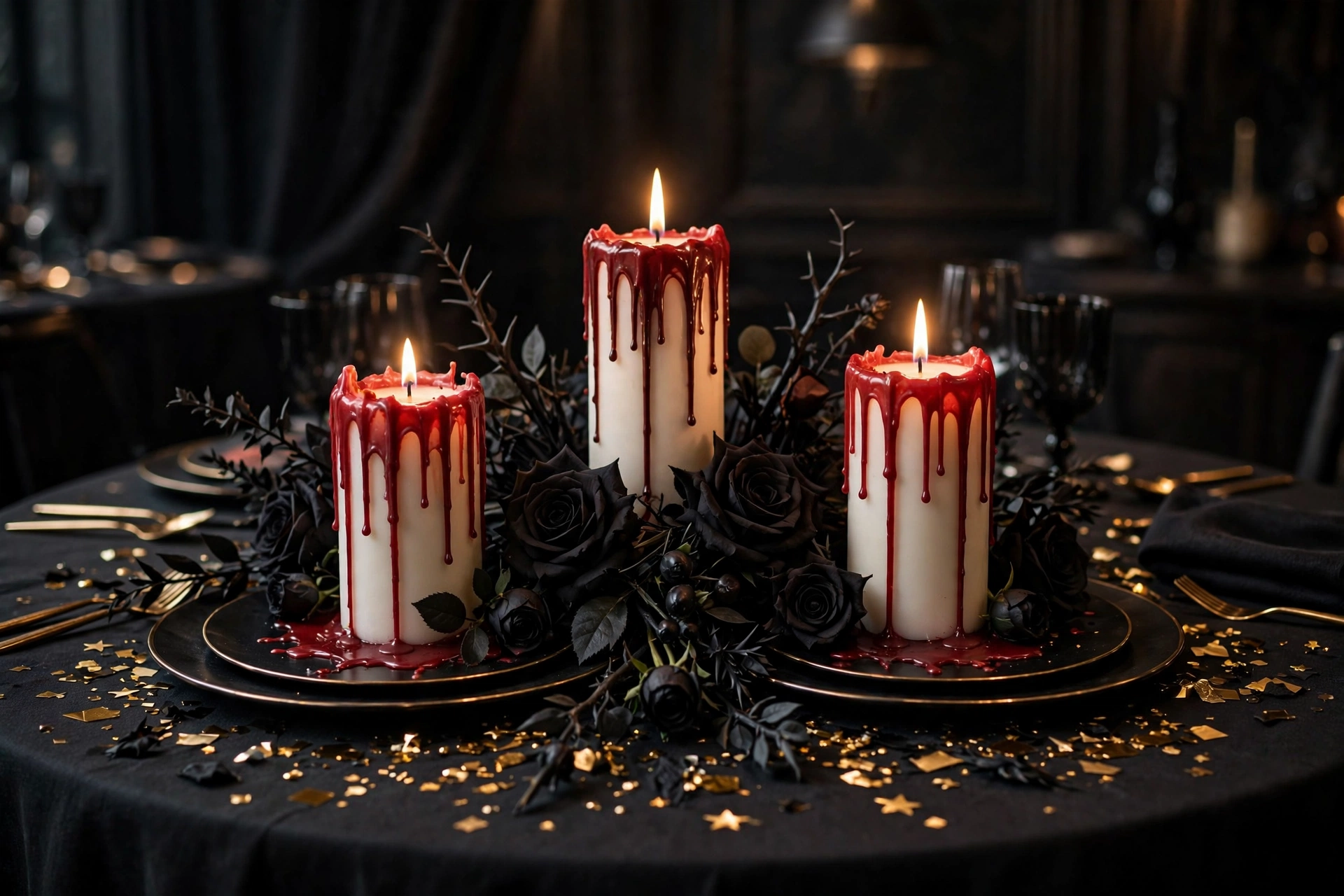 Blood drip candle centerpieces for a Halloween party