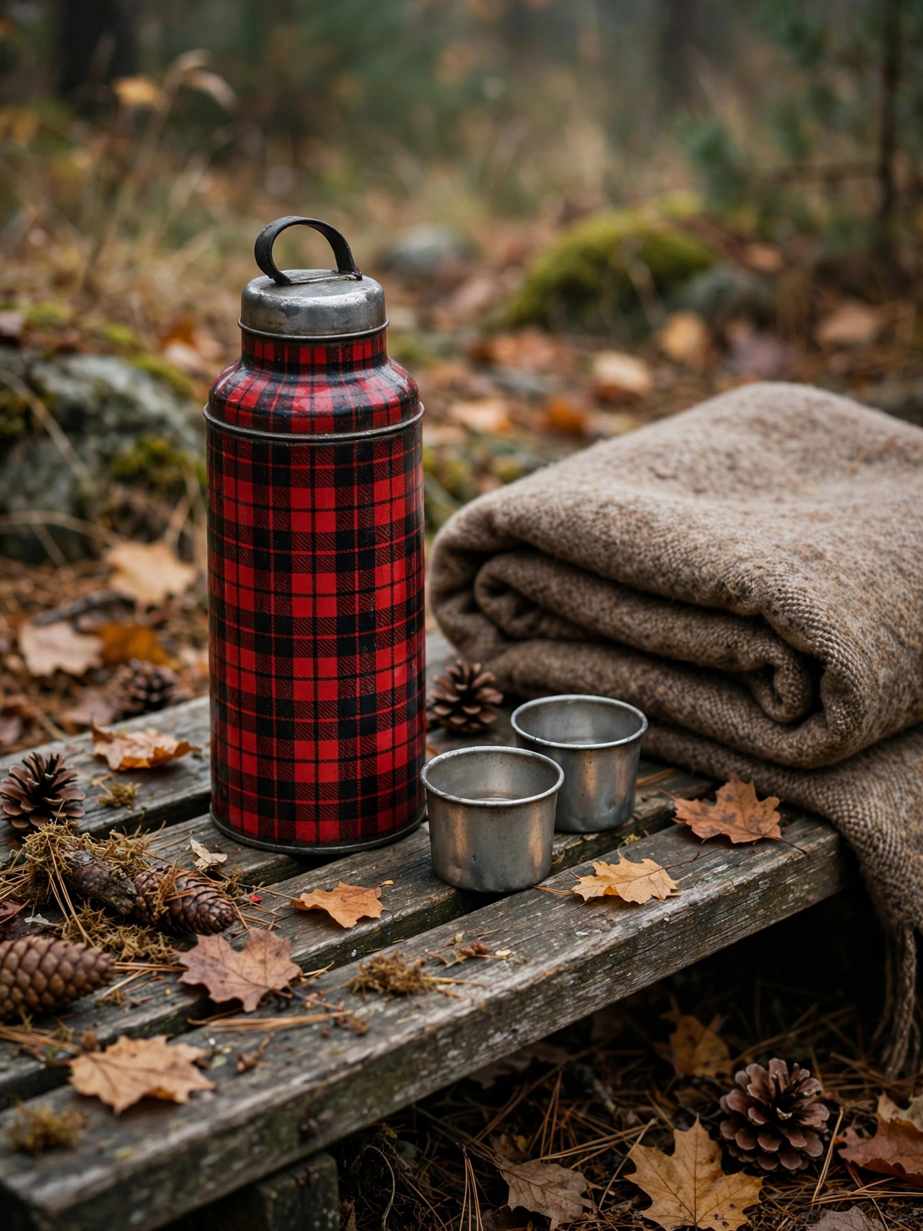 A red plaid vintage thermos with tin cups on a wooden bench, one of the vintage fall decor ideas for autumn 2026.