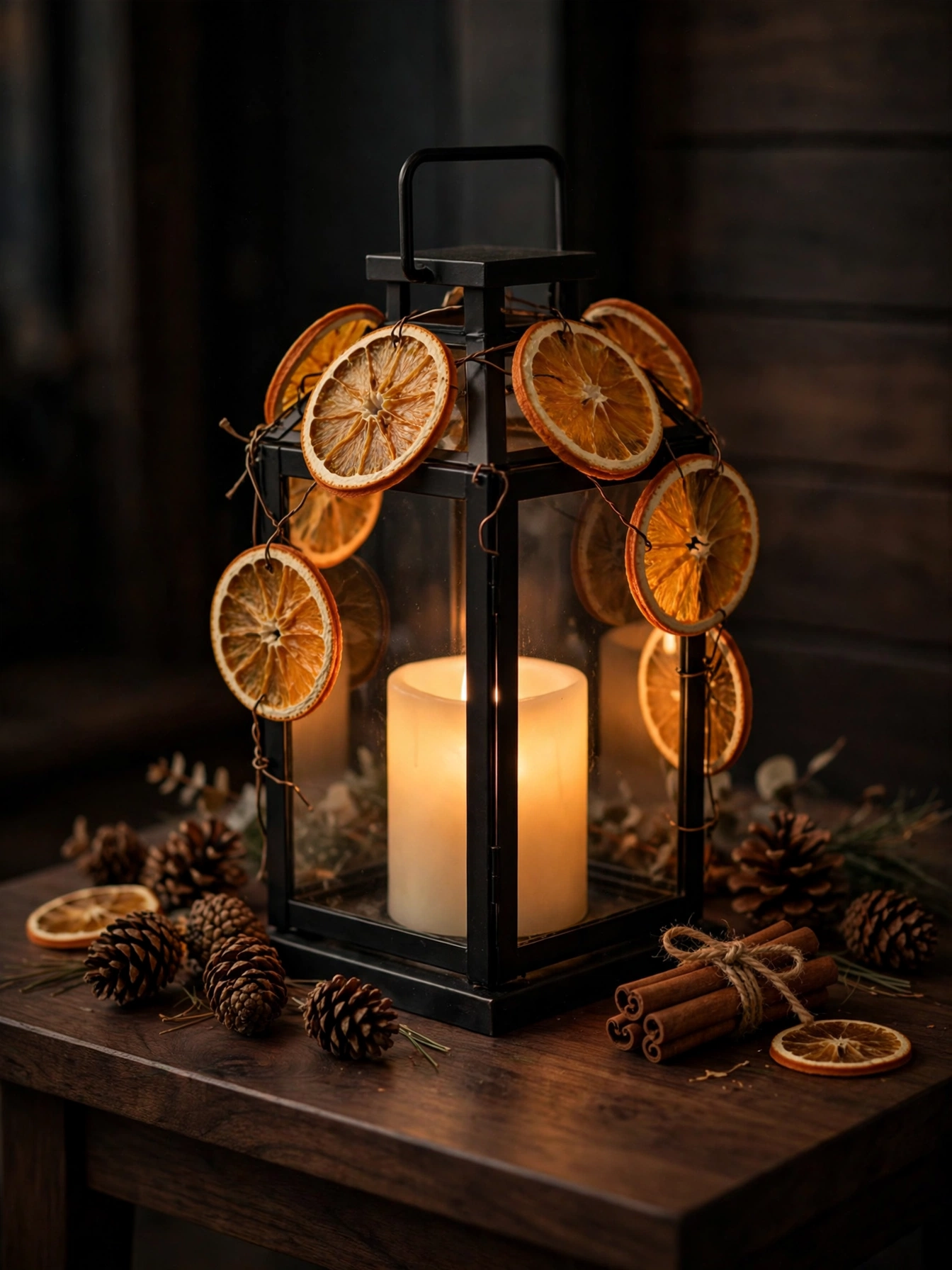 A glass lantern decorated with dried orange slices glowing from within, a citrus-scented diy fall decor ideas for autumn 2026.