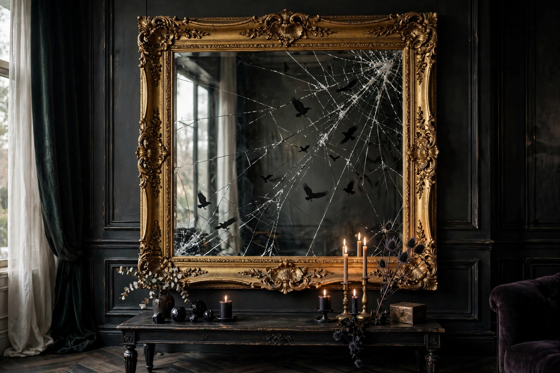 A large ornate gold mirror with removable Halloween window clings arranged as cracks and ravens on the glass surface