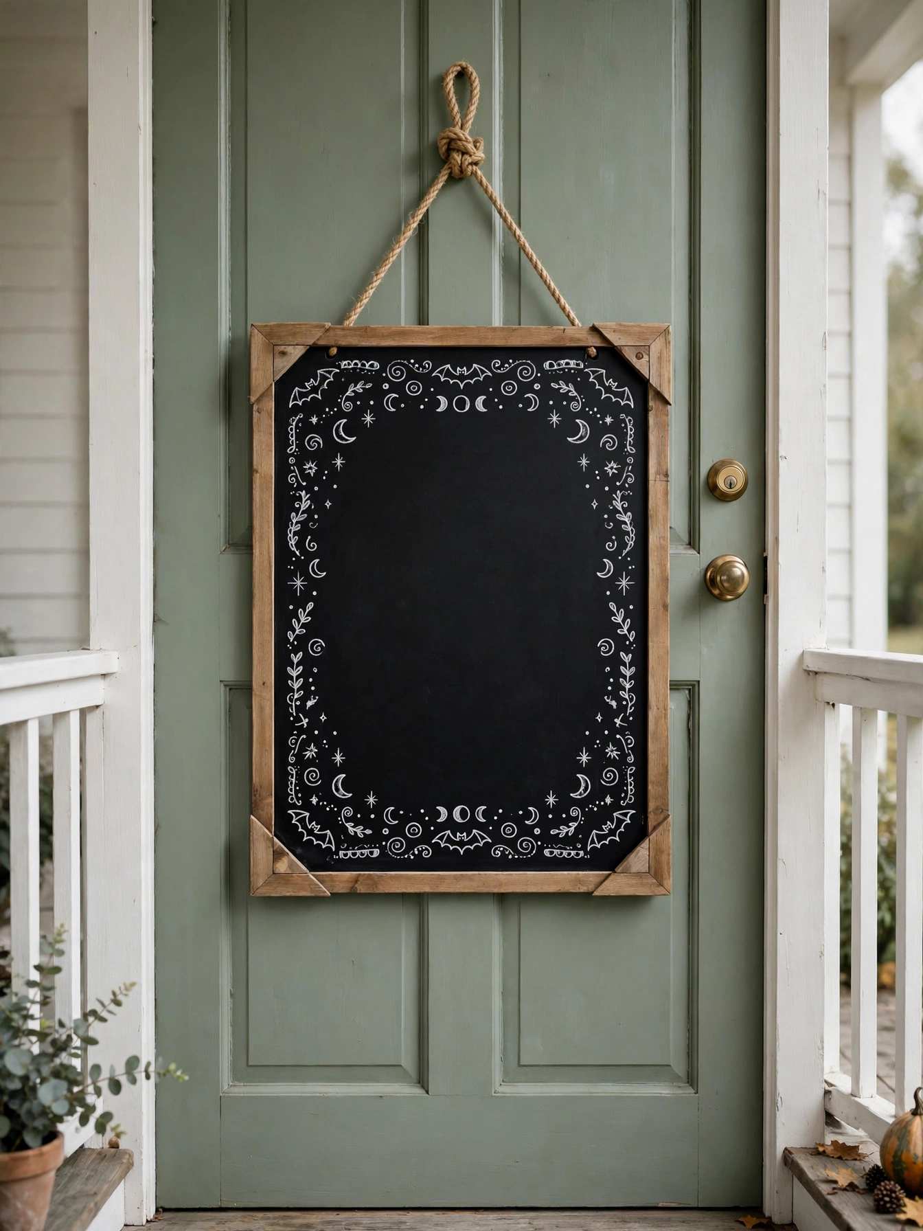 A hand-painted chalkboard door sign with a decorative Halloween border hanging on a sage green front door
