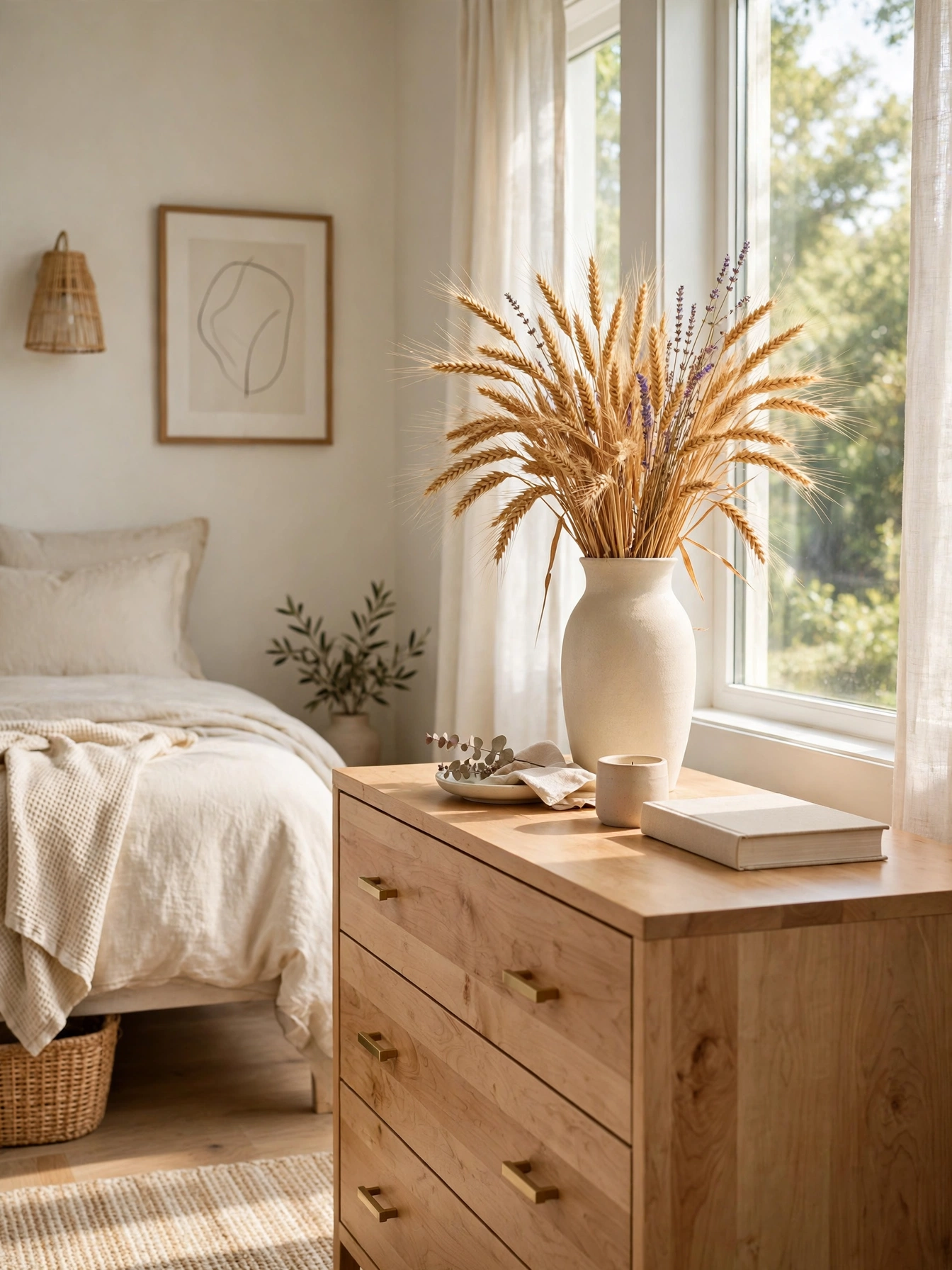Tall ceramic vase with golden dried wheat bundles on a maple dresser beside a bedroom window.
