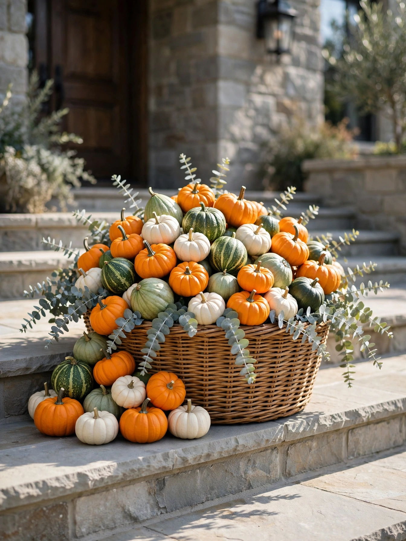 A large wicker basket overflowing with mini pumpkins and gourds on a porch step, a textured harvest look in these fall outdoor decor ideas for autumn 2026.