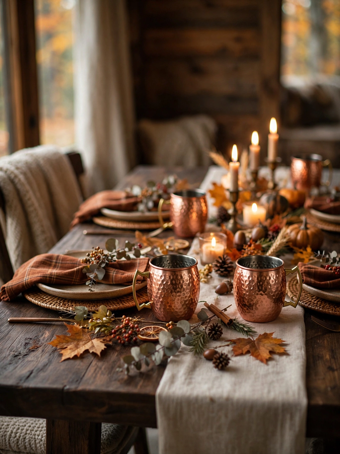 Hammered copper mugs at each place setting on a dark wood table with plaid napkins and warm light.