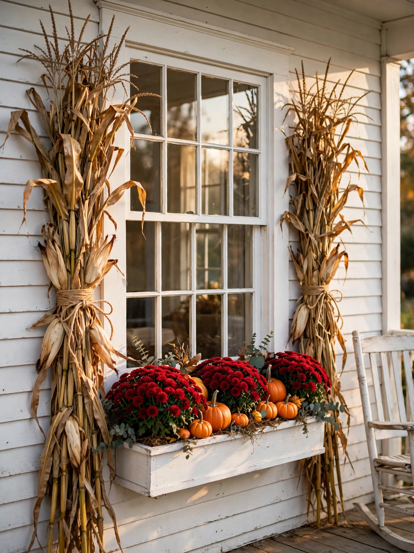 A white farmhouse window framed by dried corn stalk bundles with a red mum window box below, part of the fall window boxes for autumn 2026 series.