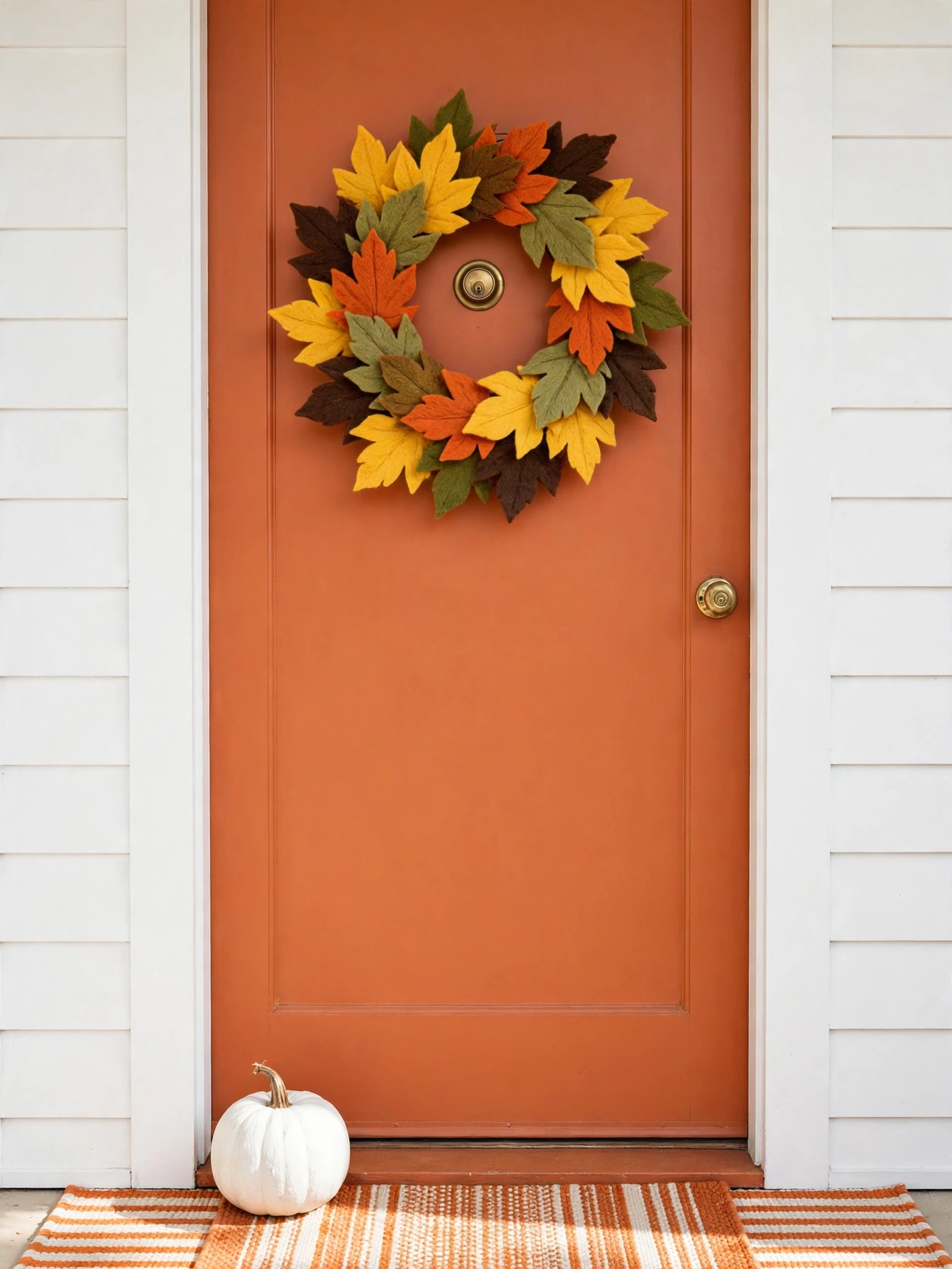 Hand-cut wool felt leaves in mustard, burnt orange, olive and brown, a cheerful handmade option among fall wreath ideas for autumn 2026, on a terracotta door.