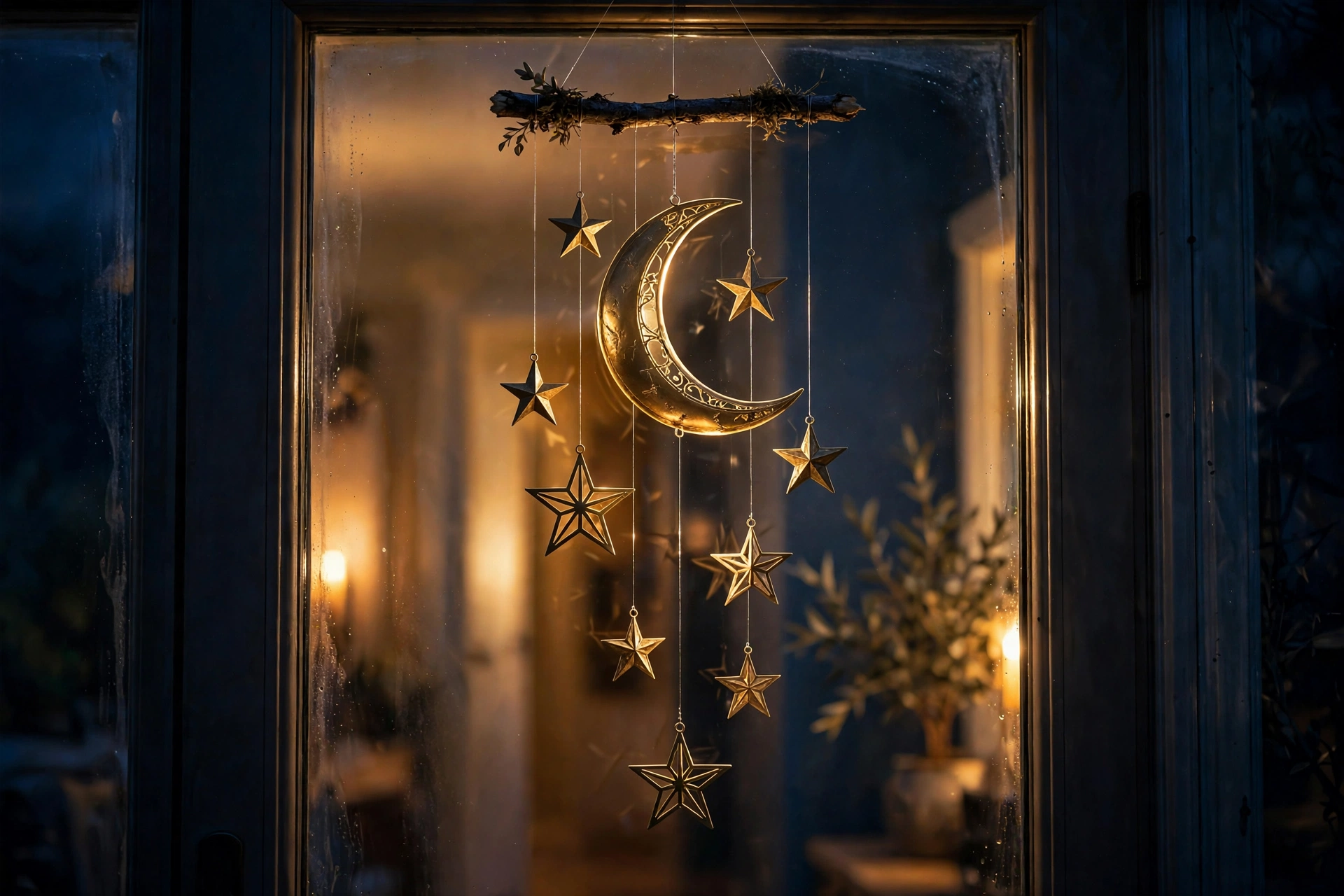 A moon and stars mobile Halloween door hanger