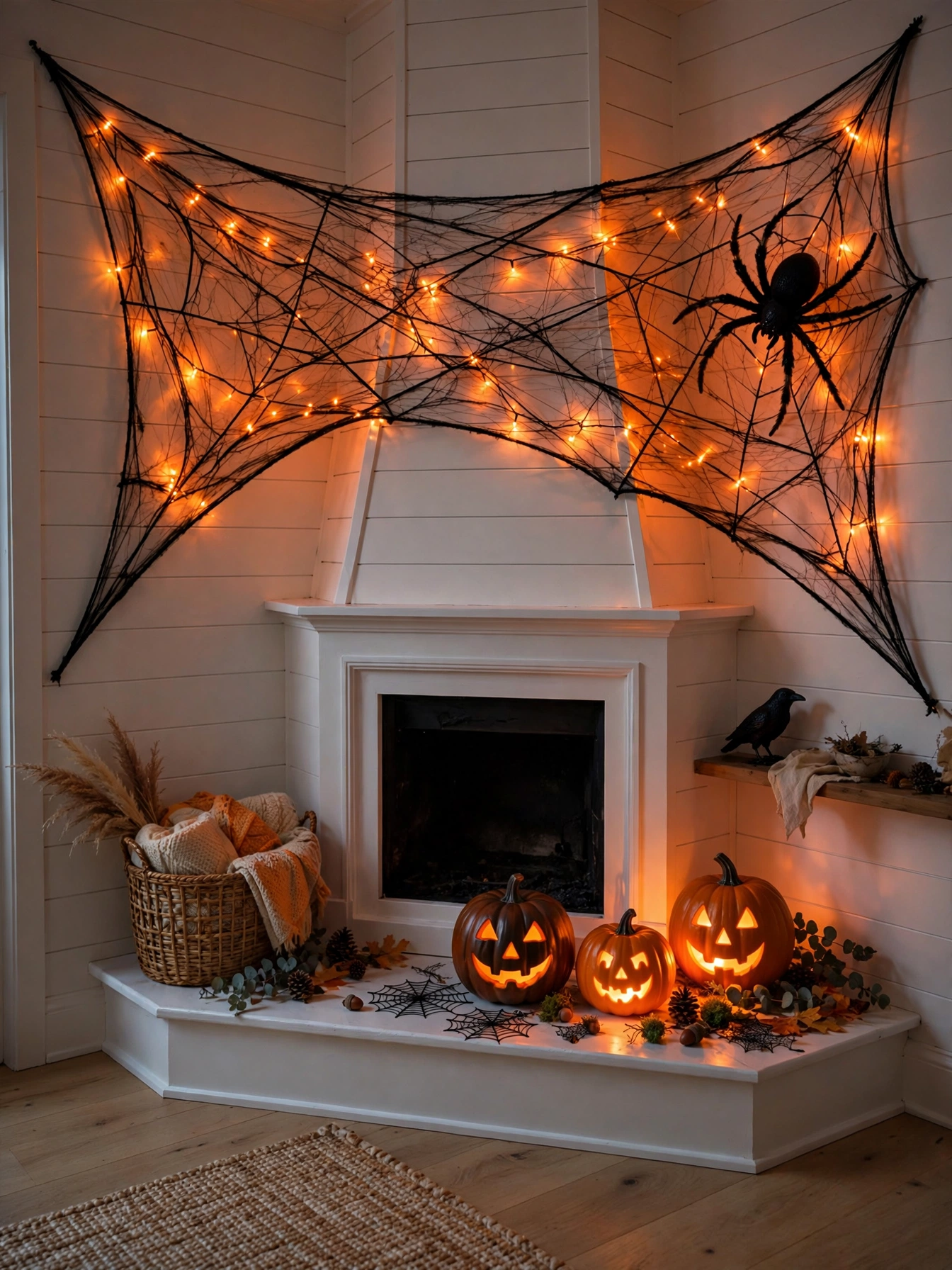 A corner fireplace styled for Halloween with a giant black spiderweb stretched across the chimney breast, warm orange fair...