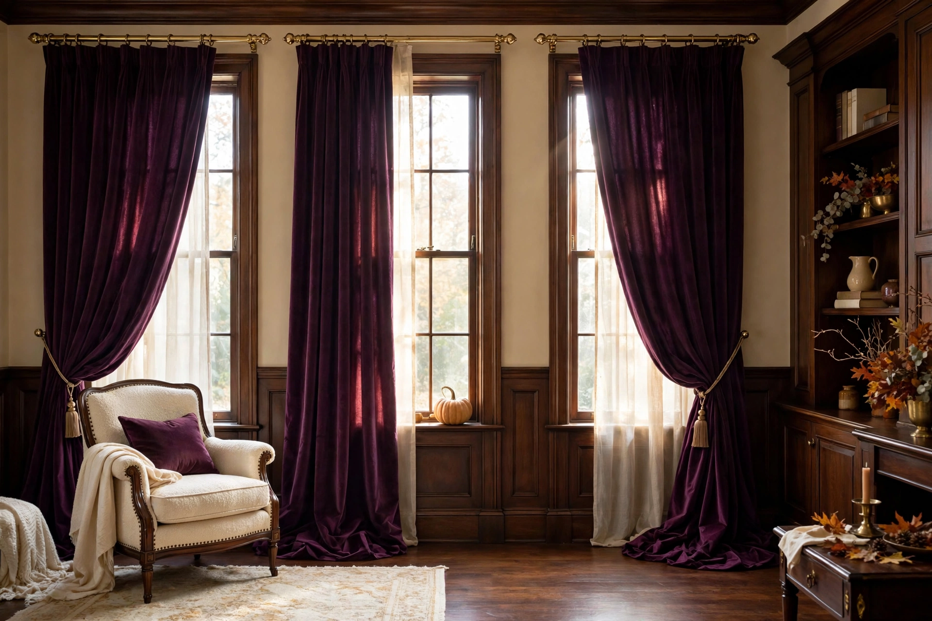 Tall living room windows dressed with deep plum velvet curtains pooling slightly on the floor