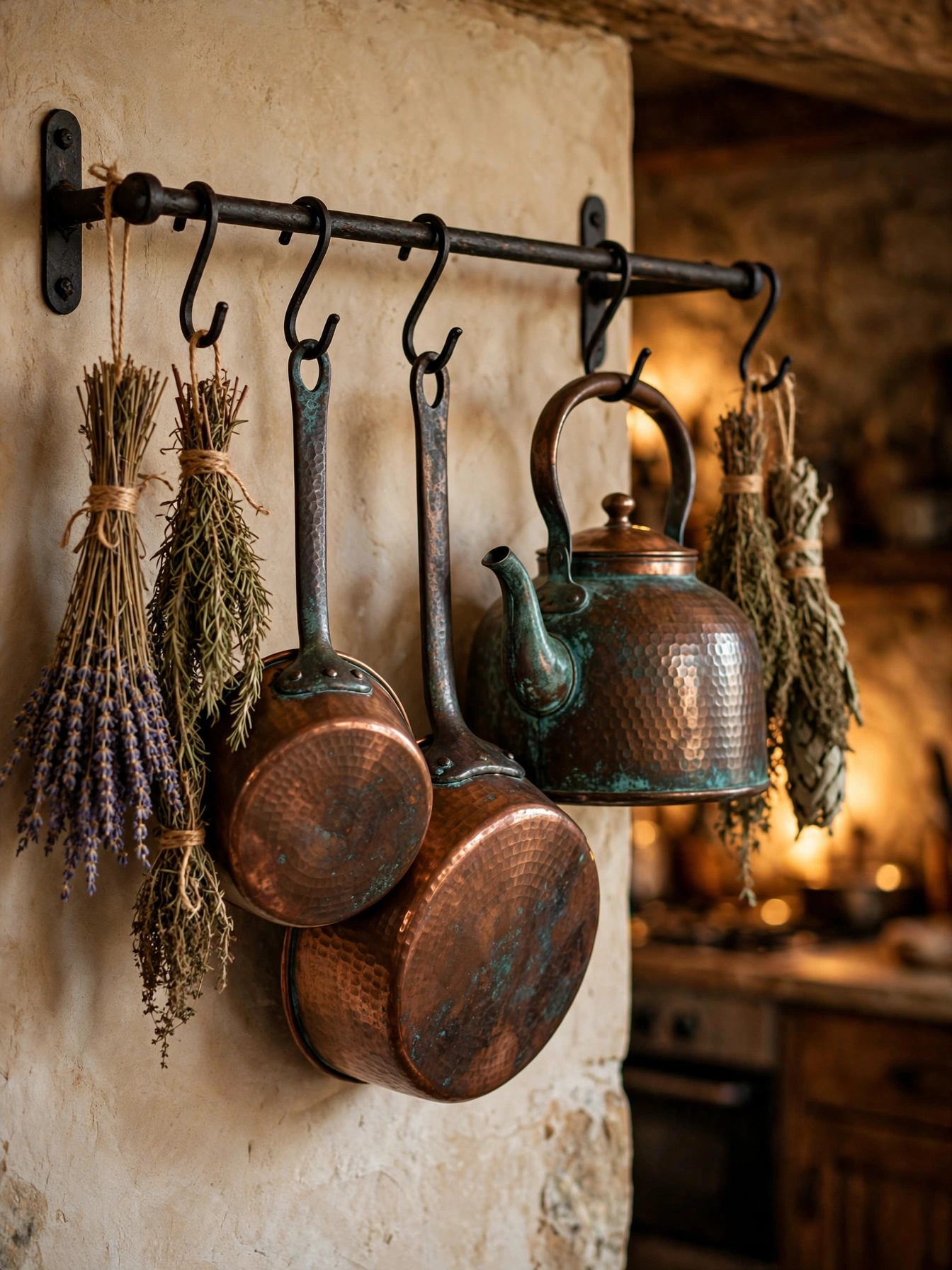 Hammered copper pots with aged patina hanging on a kitchen wall rack, one of the vintage fall decor ideas for autumn 2026.