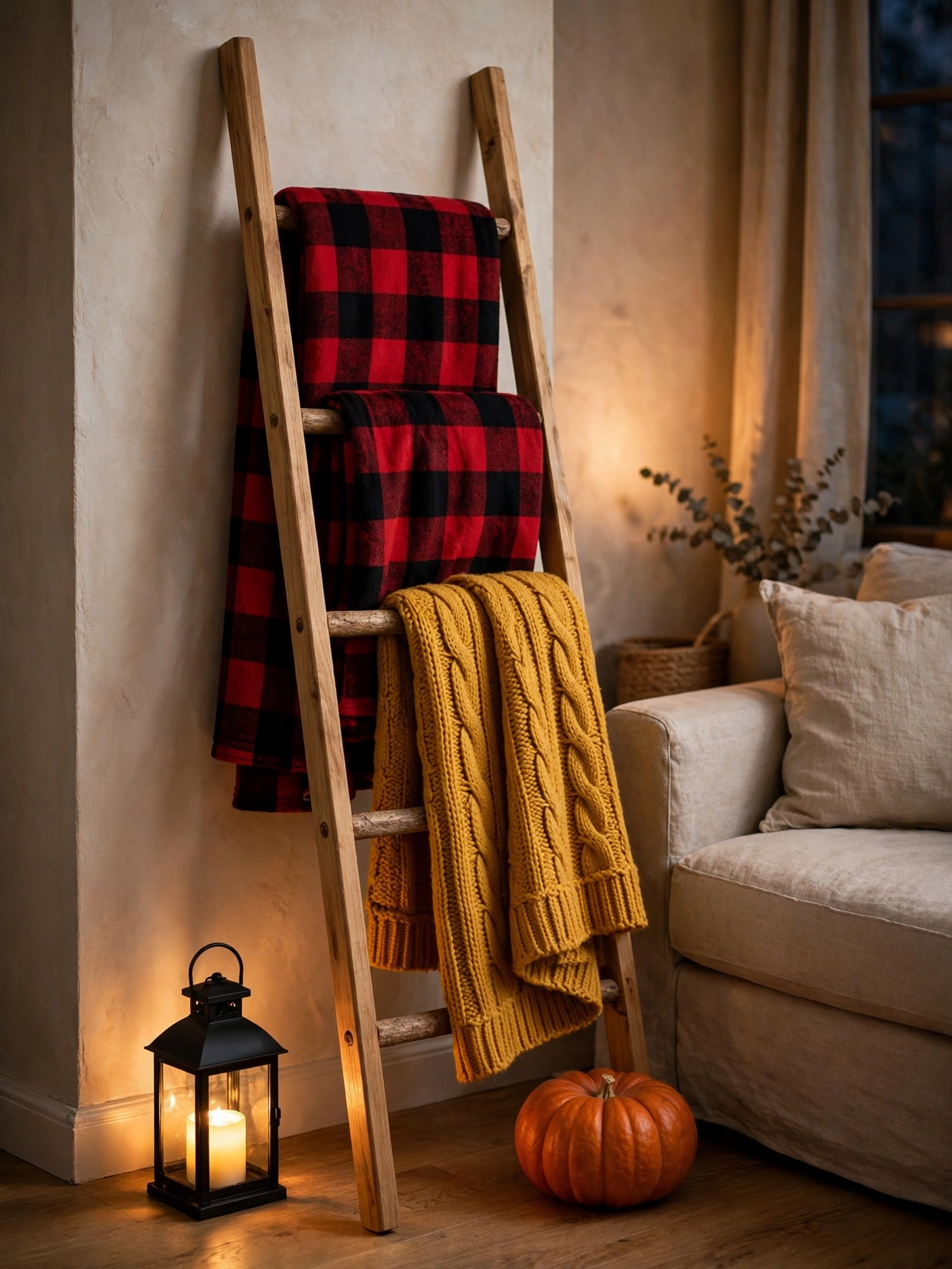 A wooden blanket ladder draped with plaid and knit throws beside a glowing lantern, a cozy diy fall decor ideas for autumn 2026.