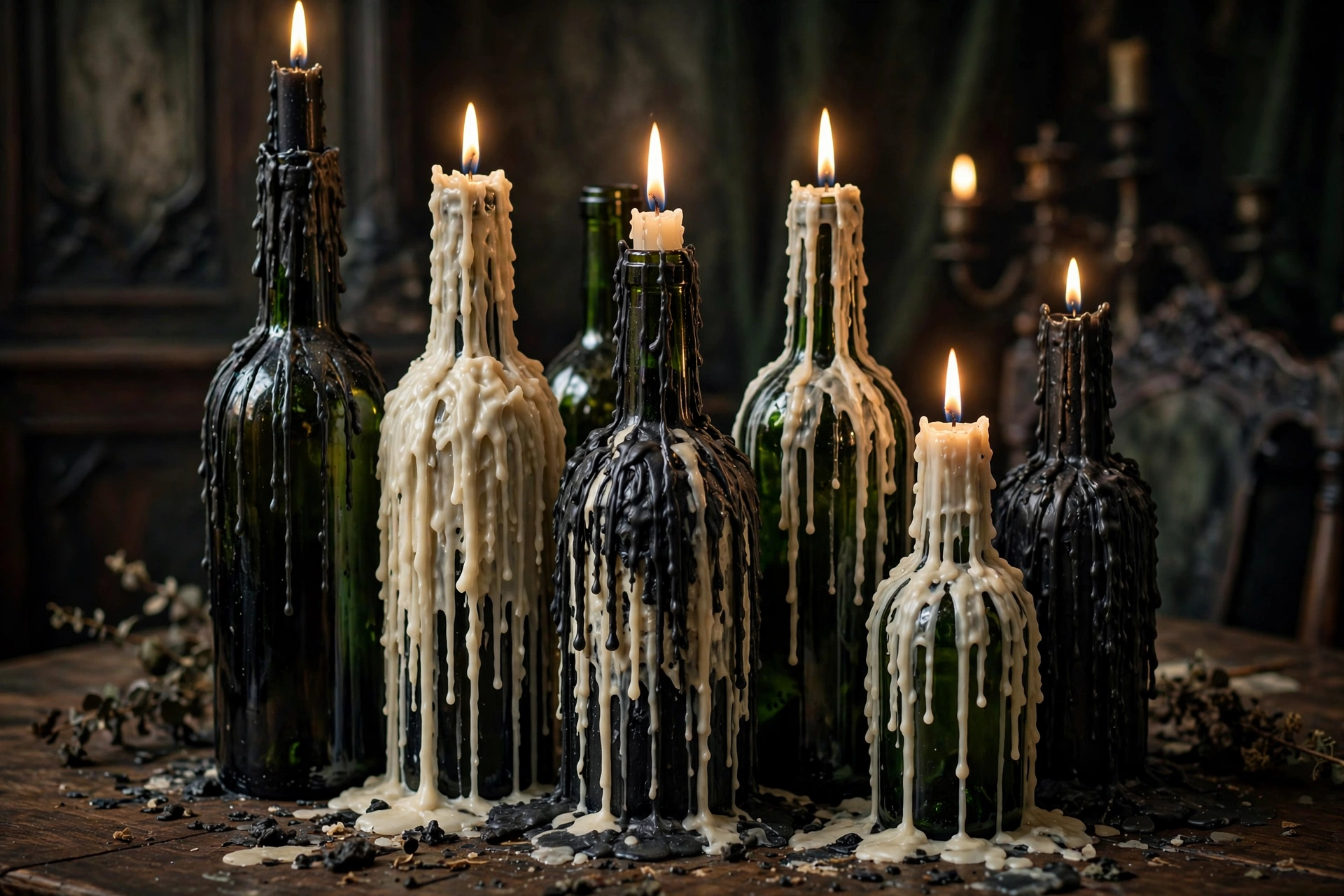 Wine bottles covered in dripped wax from black and ivory taper candles, clustered on a dark wood dining table