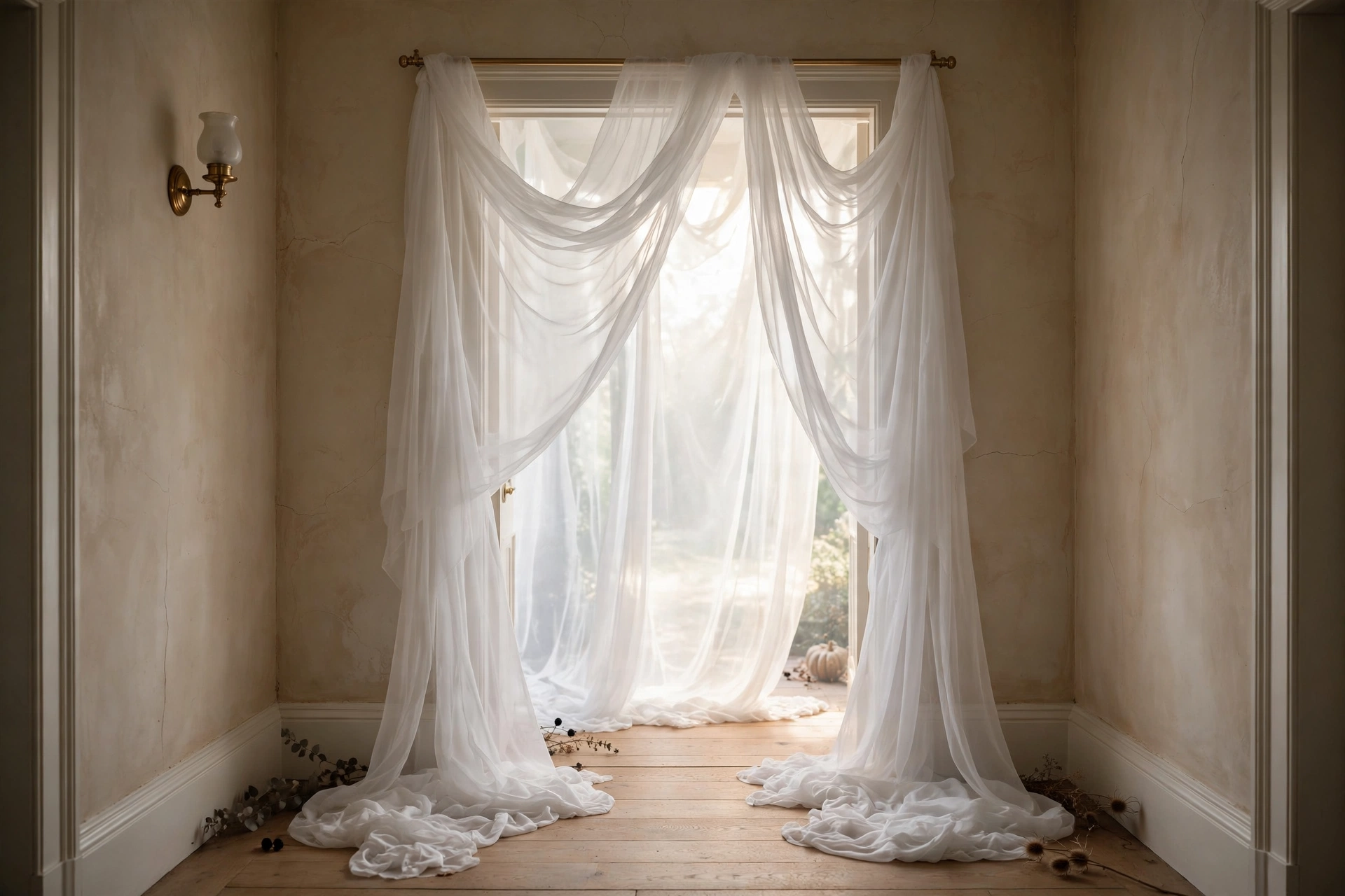 Sheer white drapes creating a ghostly effect in elegant Halloween decor 2026