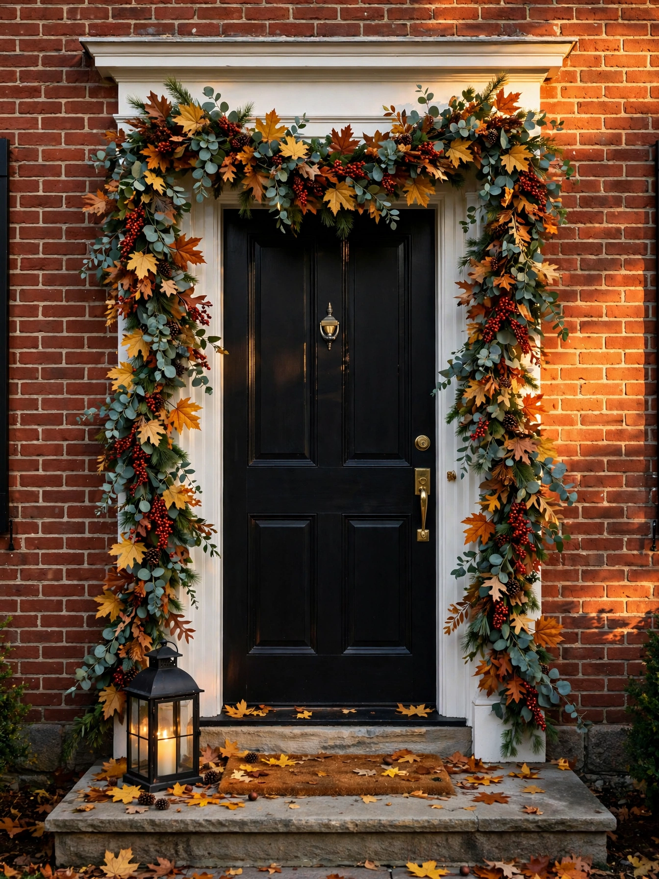 Lush fall garland with berries and pinecones swagged around a black door frame on red brick, a grand frame in these fall front door decor ideas for autumn 2026.
