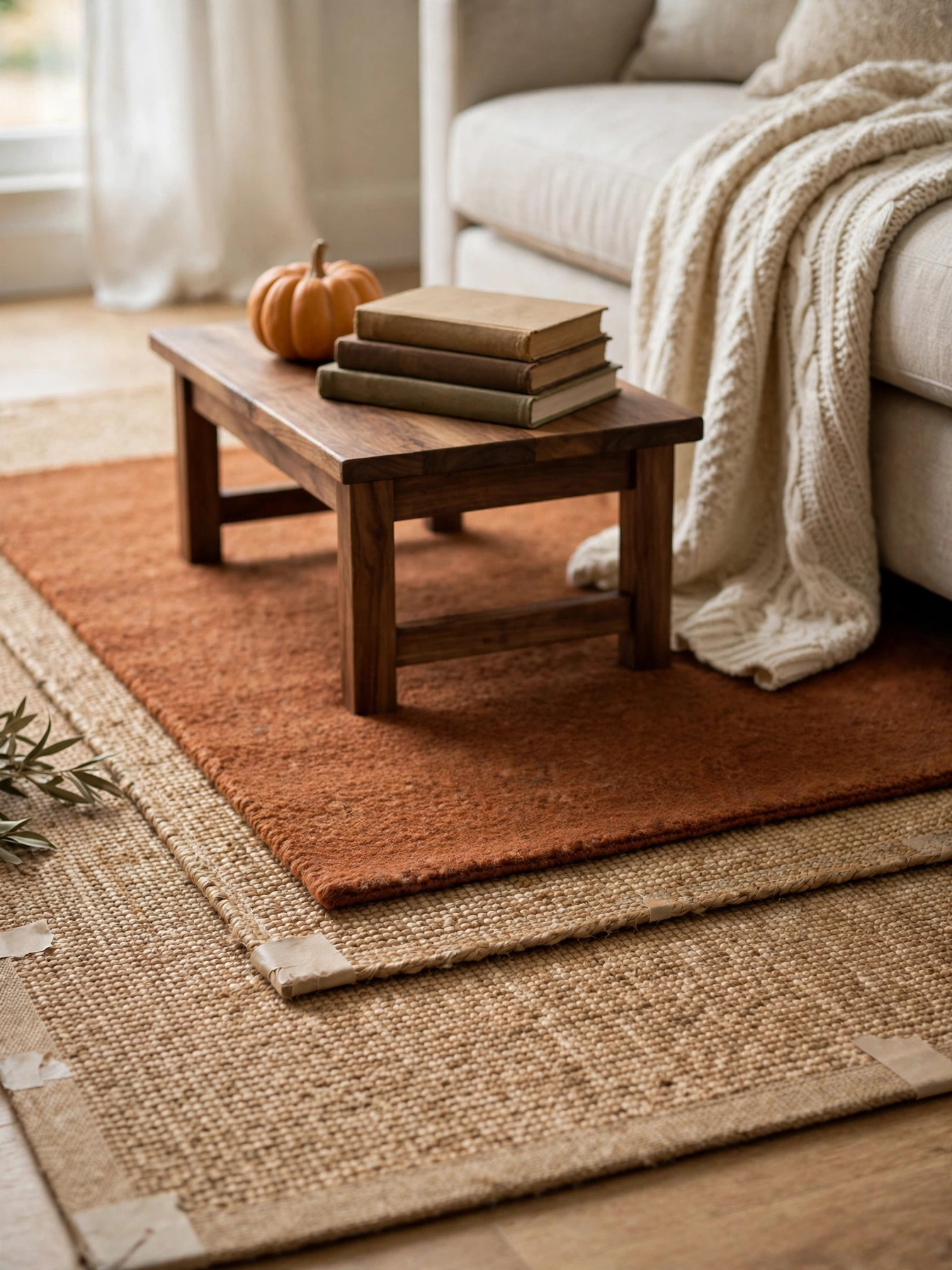A rust wool rug layered over a jute rug under a coffee table, a grounded fall living room decor ideas for autumn 2026.