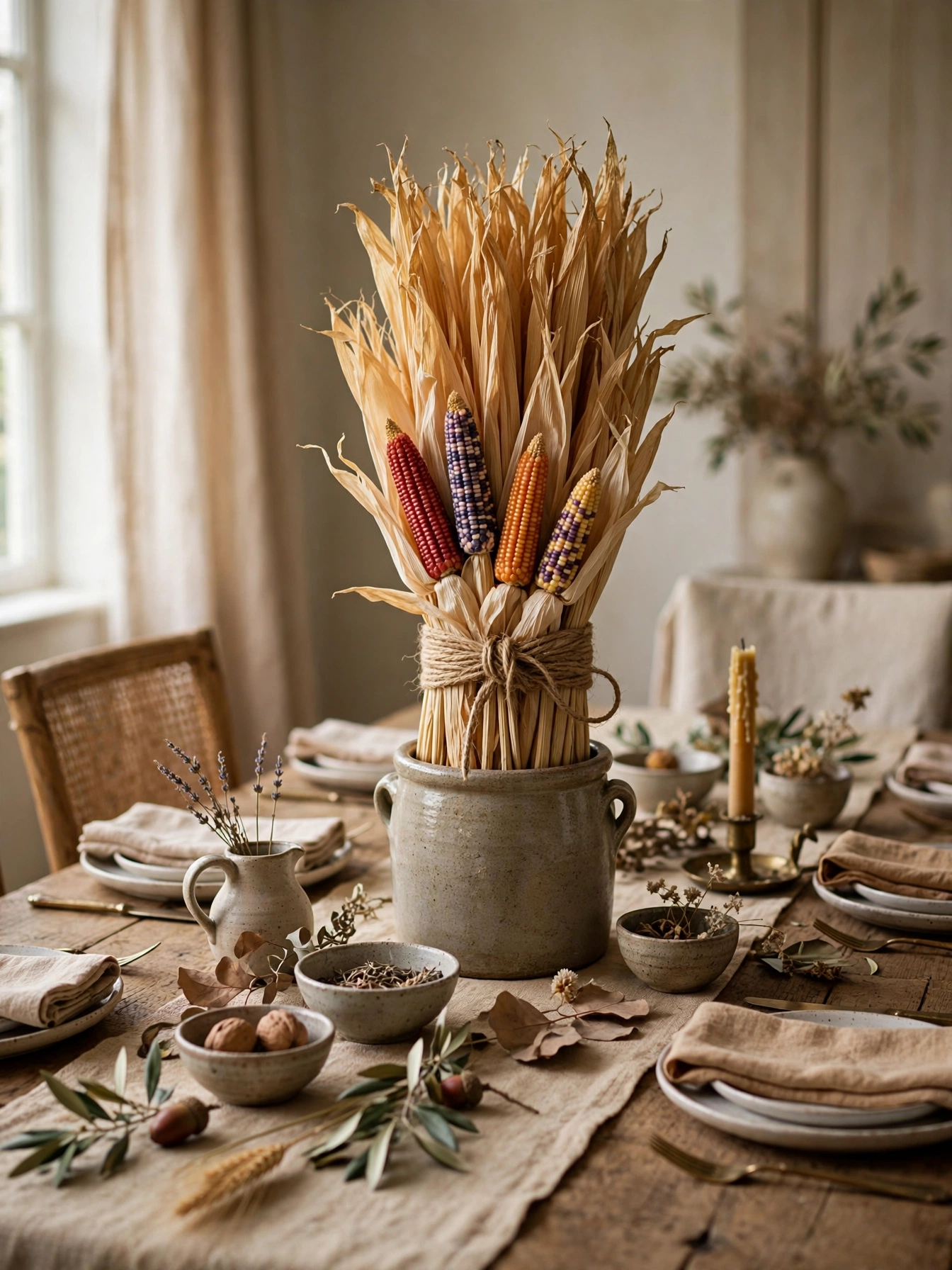 Dried corn husks tied in bundles with twine standing in a stoneware crock as a tall table centerpiece.