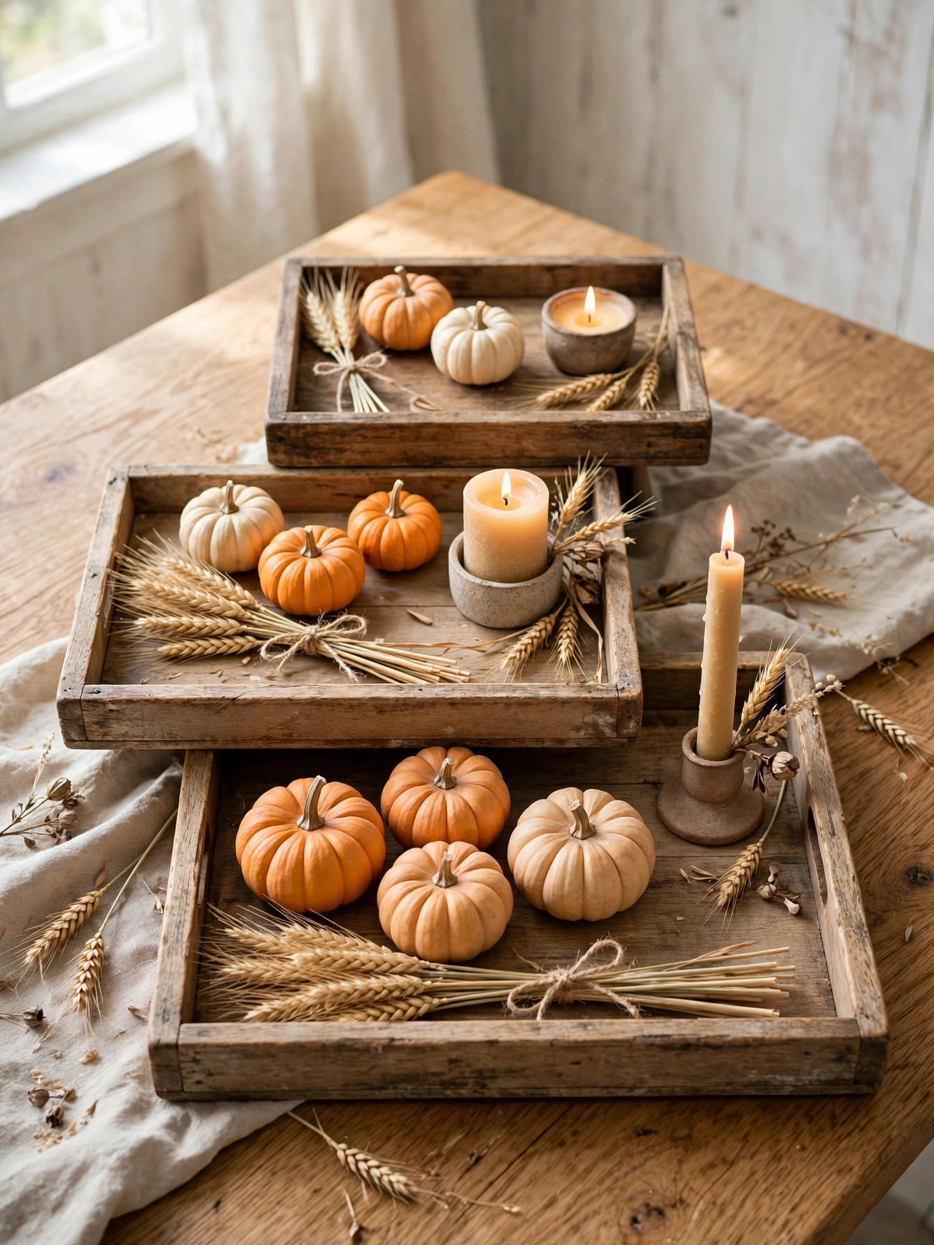Trio of three small wooden trays in graduated sizes styled for fall, featured among the fall tray decor ideas for autumn 2026 here.