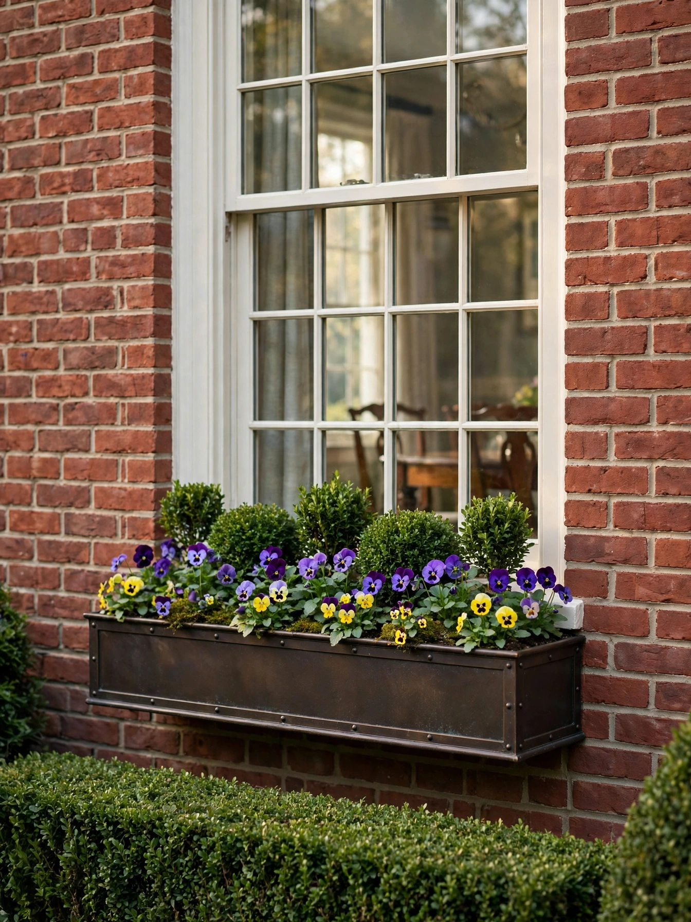 A bronze window box with purple and yellow pansies underplanted beneath boxwood on a brick colonial, from the fall window boxes for autumn 2026 list.