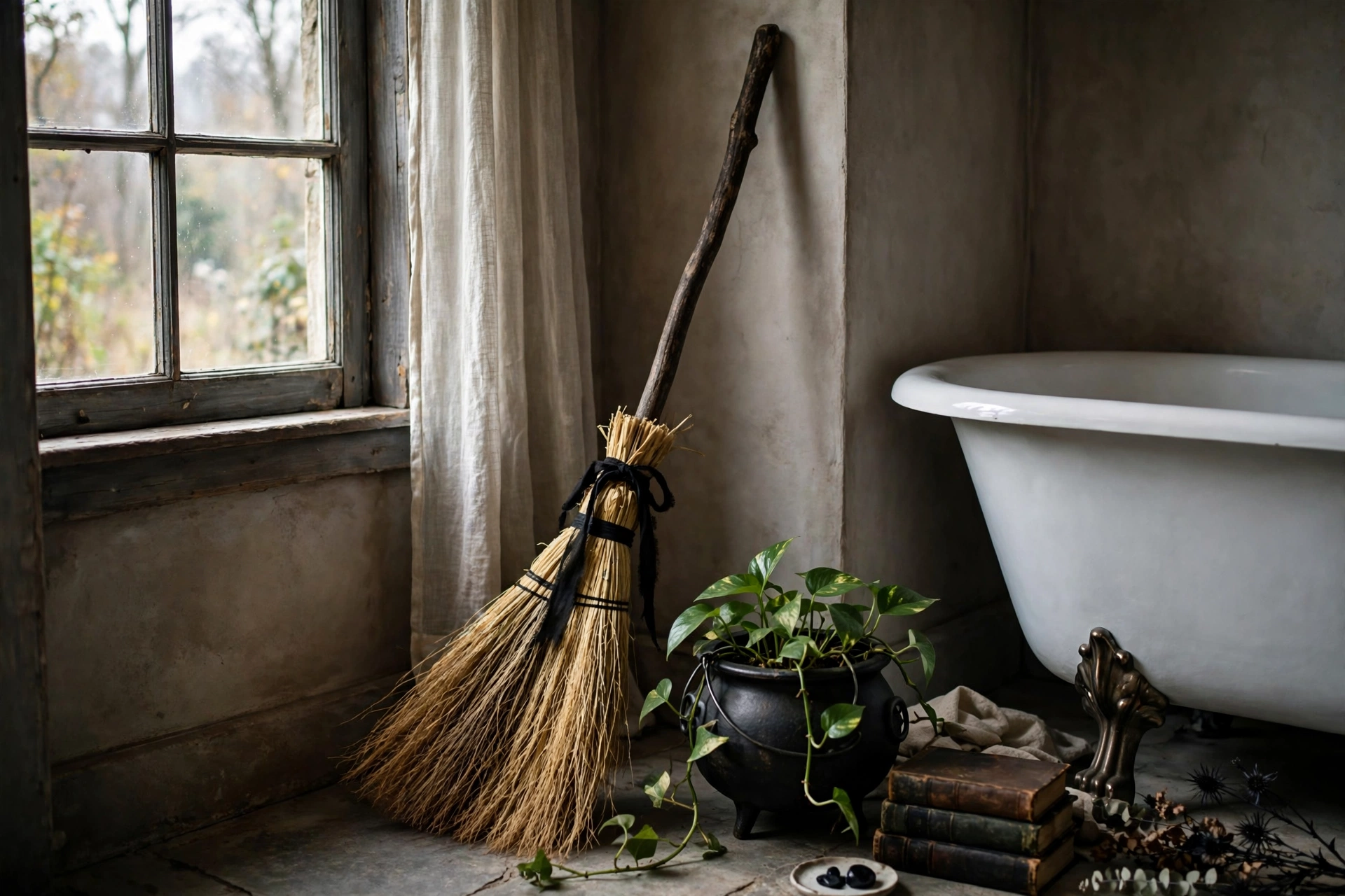 Witch broom corner display in a Halloween bathroom