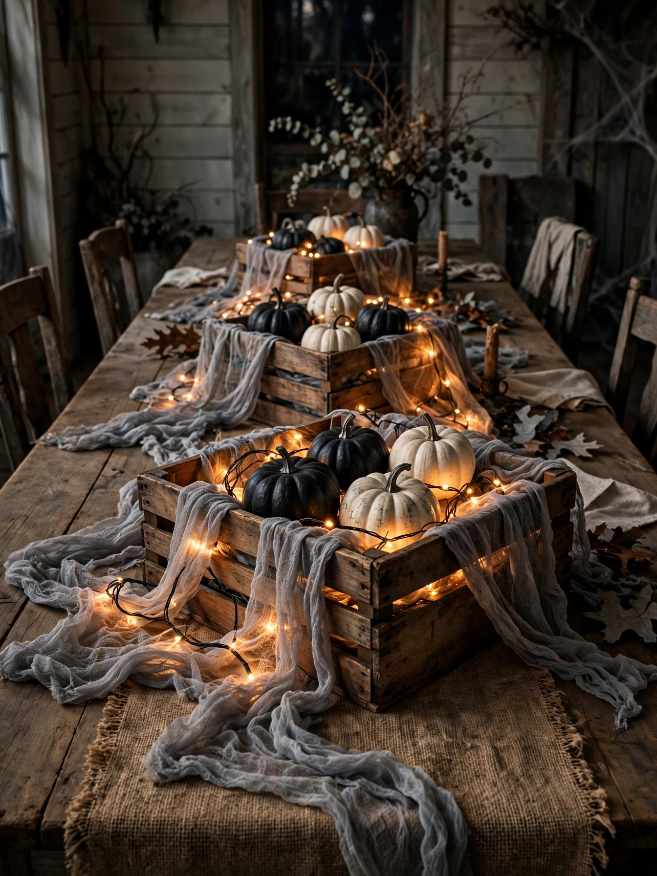 Wooden crates draped with gray cheesecloth, holding black and white pumpkins and glowing string lights on a dining table