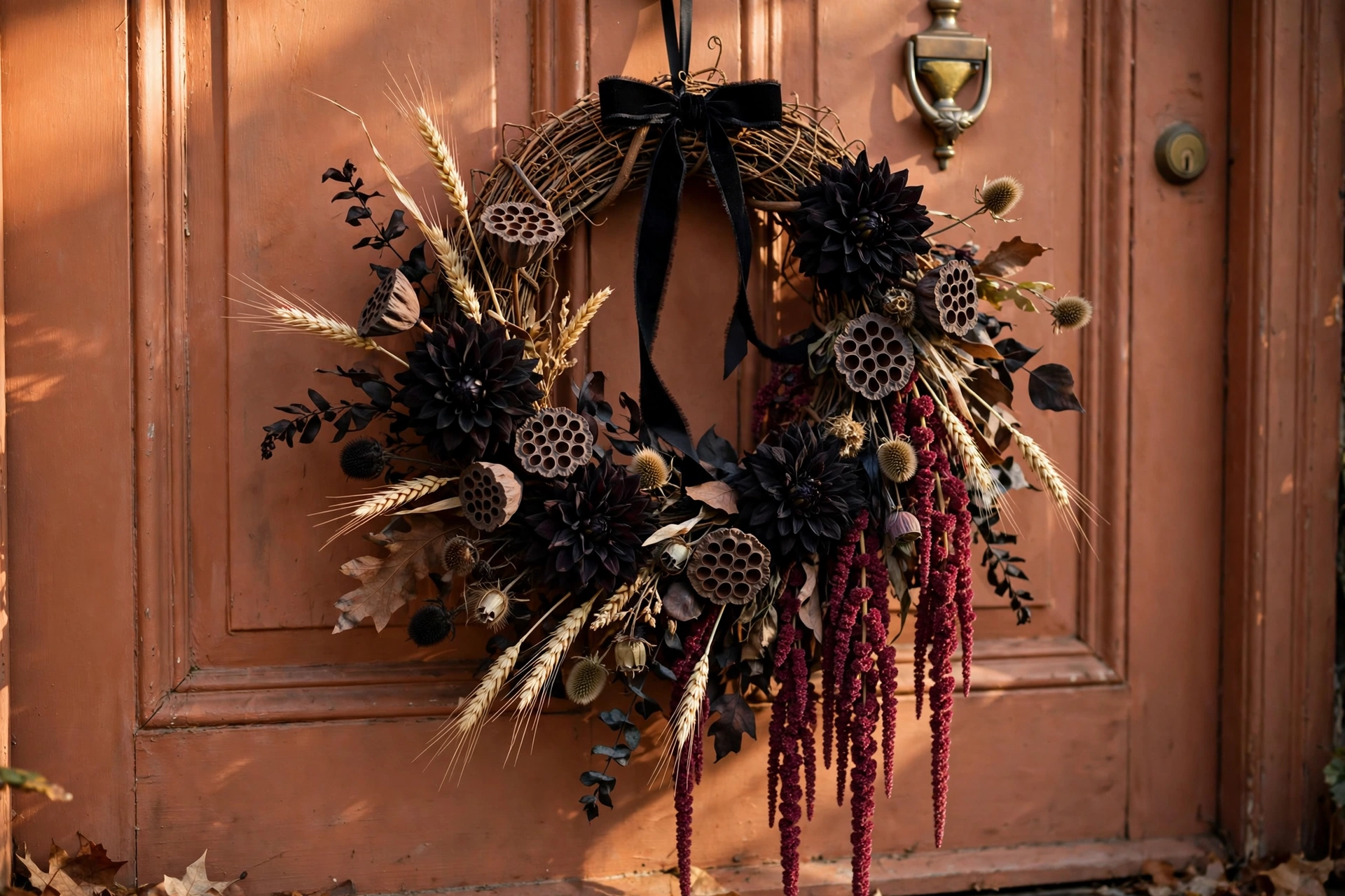 A dried floral Halloween door hanger