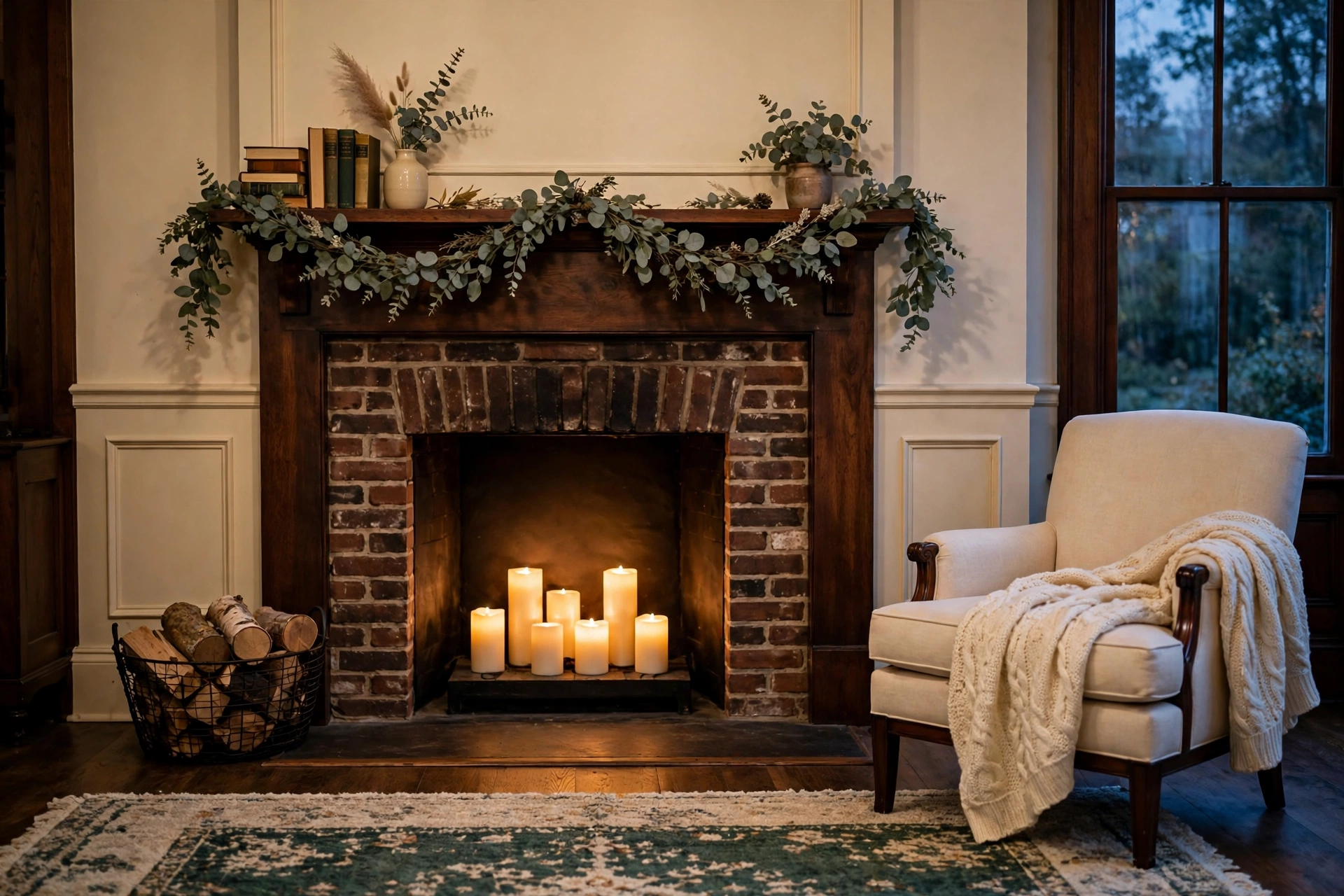 A living room fireplace with glowing LED candles inside the firebox and a simple garland on the mantel