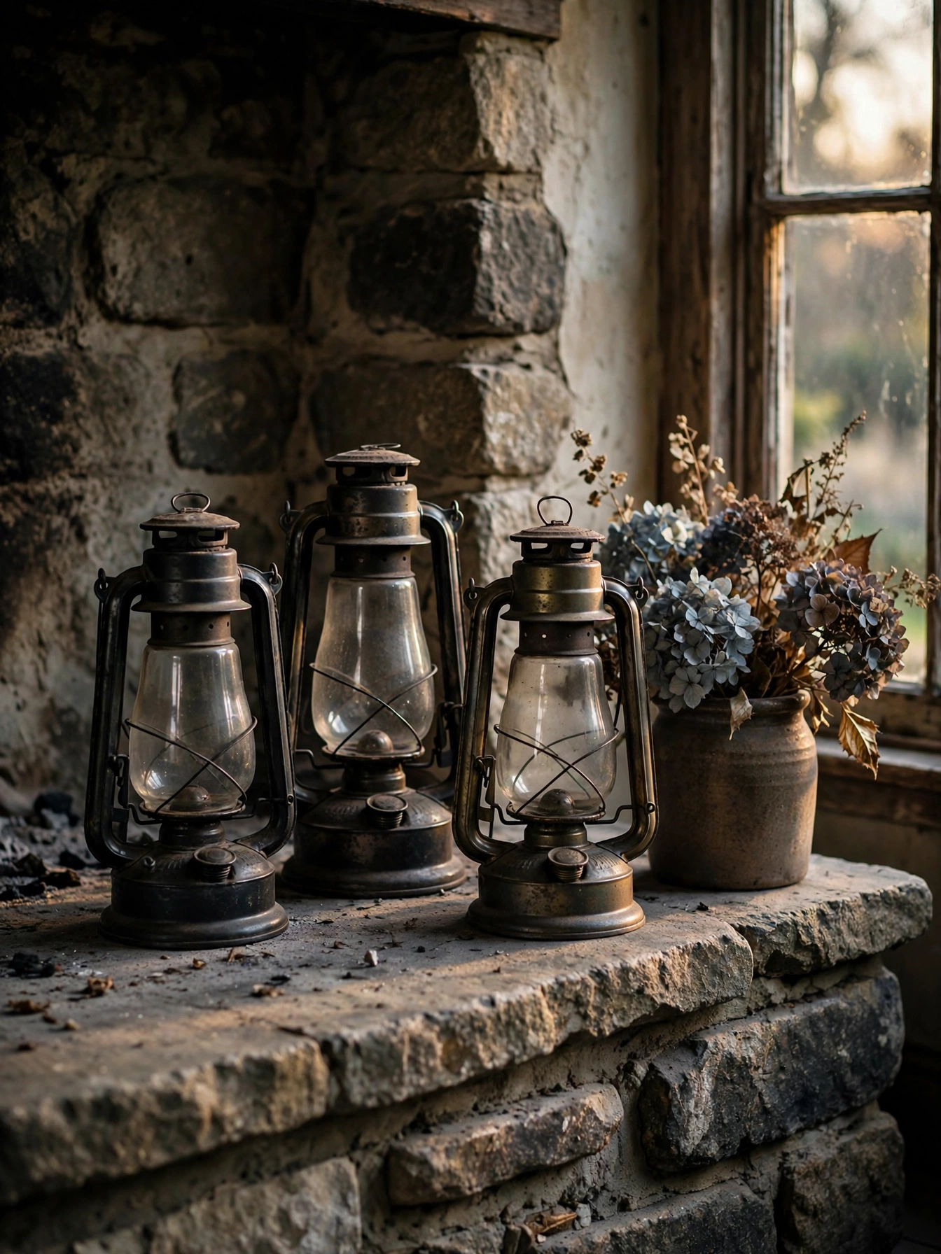 Three antique oil lanterns with glass chimneys on a stone hearth, one of the vintage fall decor ideas for autumn 2026.