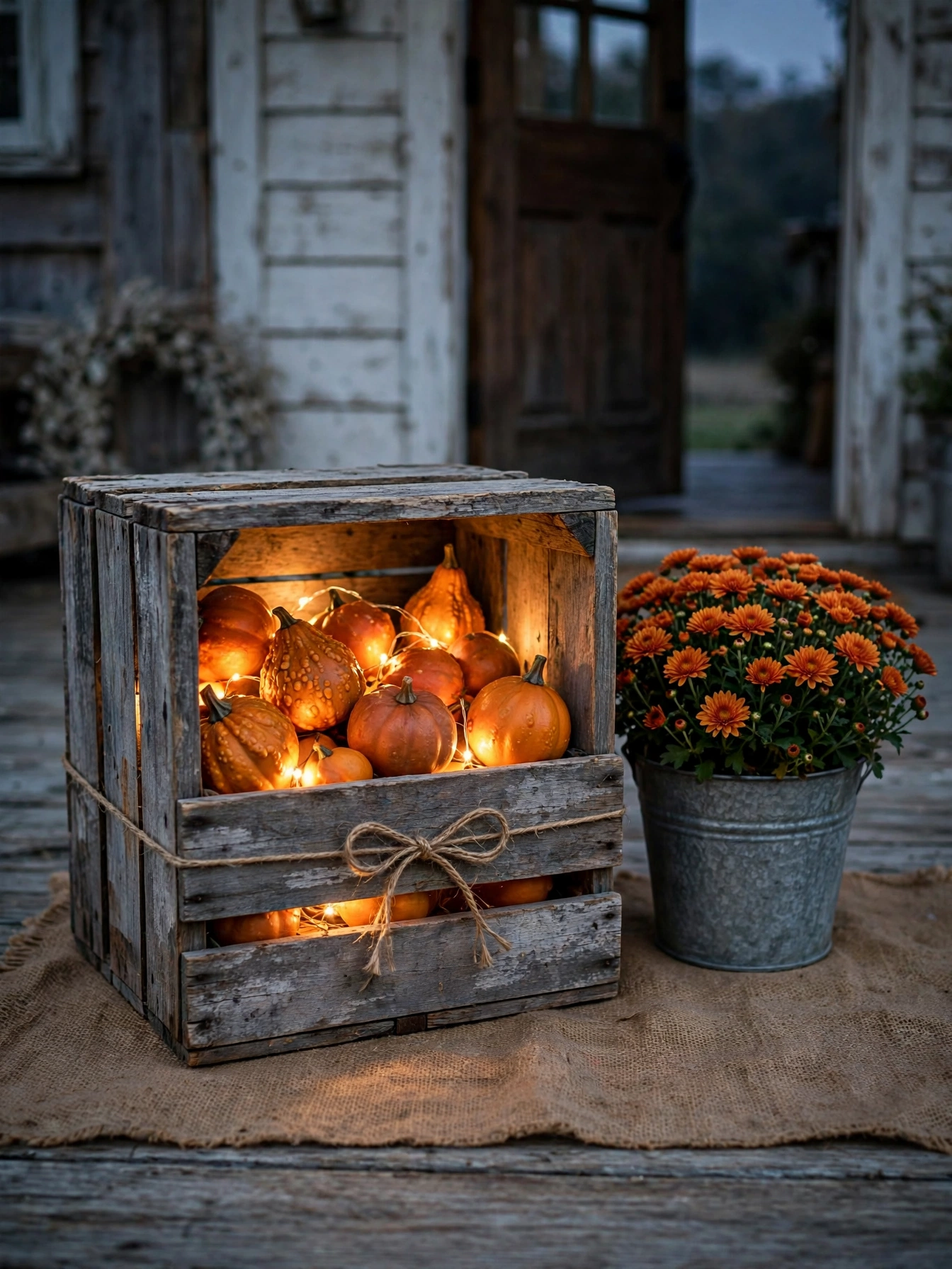 A weathered wood crate filled with glowing gourds and string lights on a farmhouse porch, a rustic diy fall decor ideas for autumn 2026.