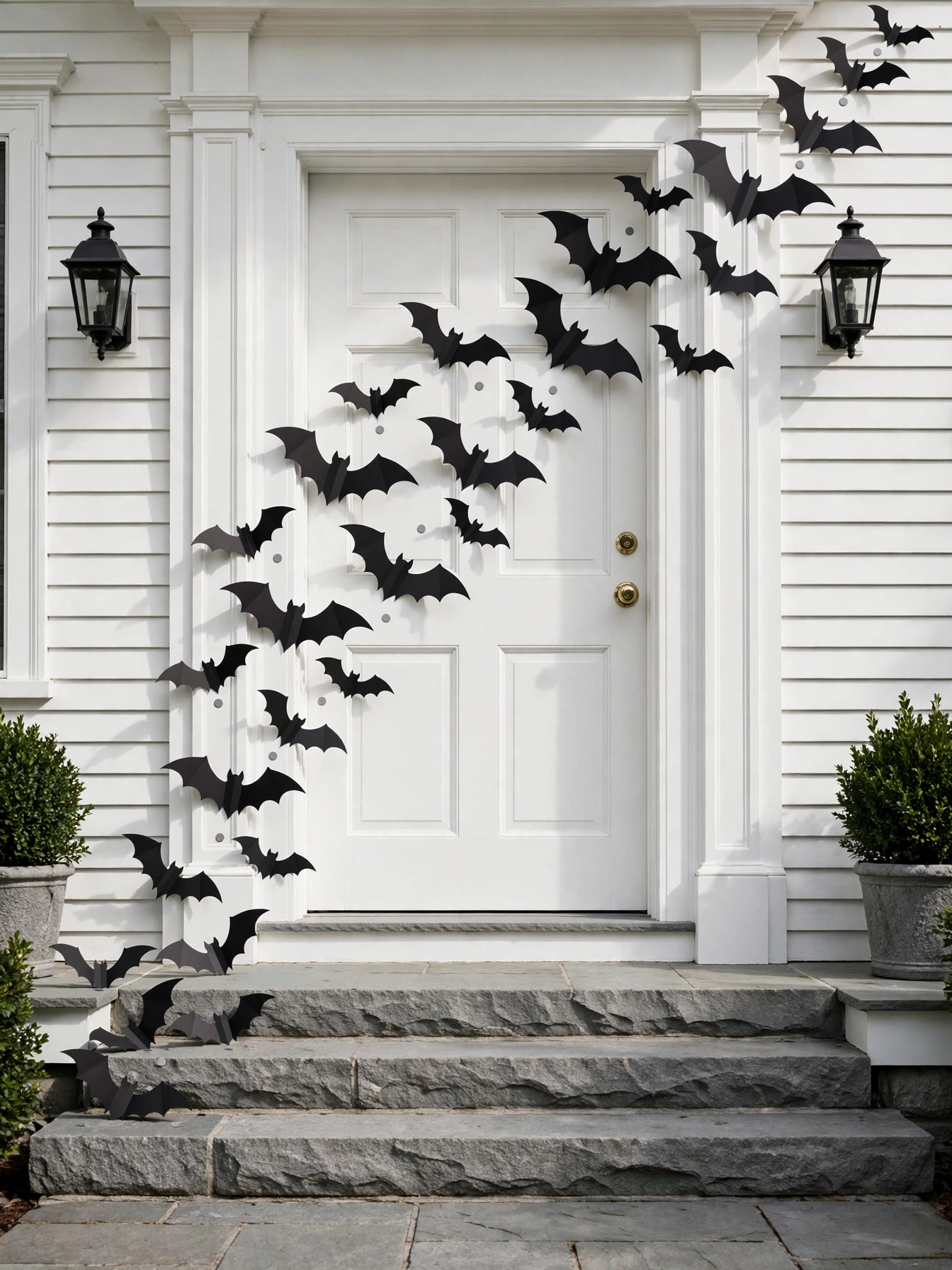 Black paper bats arranged in a flight path swooping across a white front door and its frame