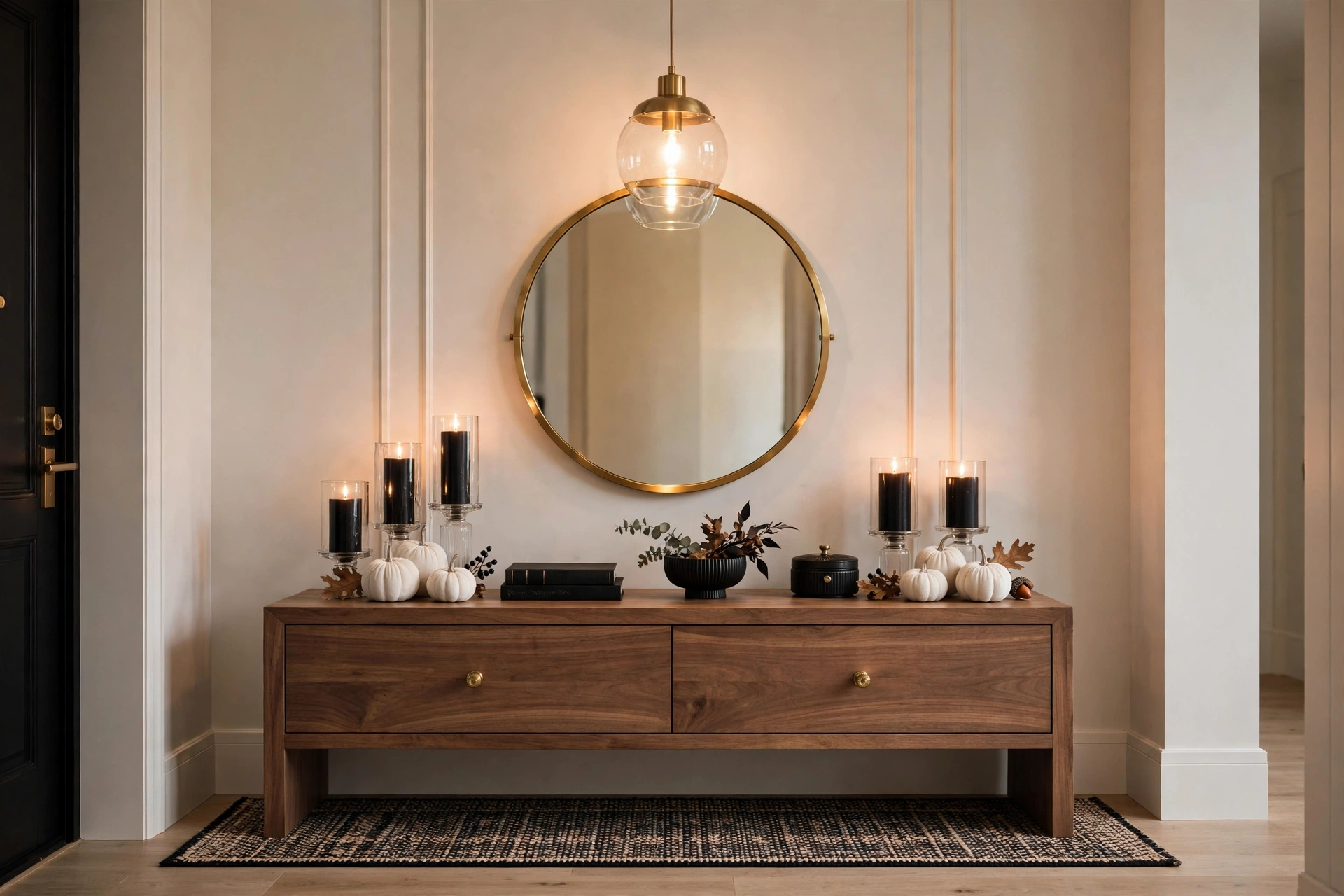 Entryway console styled with pumpkins and candles, elegant Halloween decor 2026