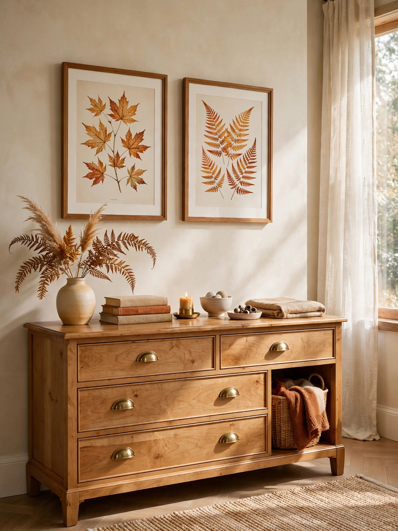 Framed botanical prints of maple leaves and ferns in warm tones hung above a bedroom dresser.