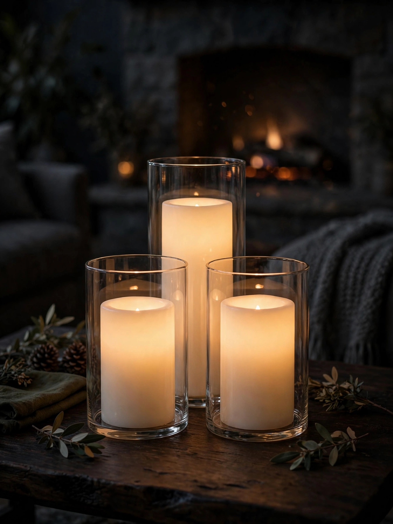 A cluster of flickering LED pillar candles in glass cylinders on a coffee table, a safe glow in these fall coffee table decor ideas for autumn 2026.