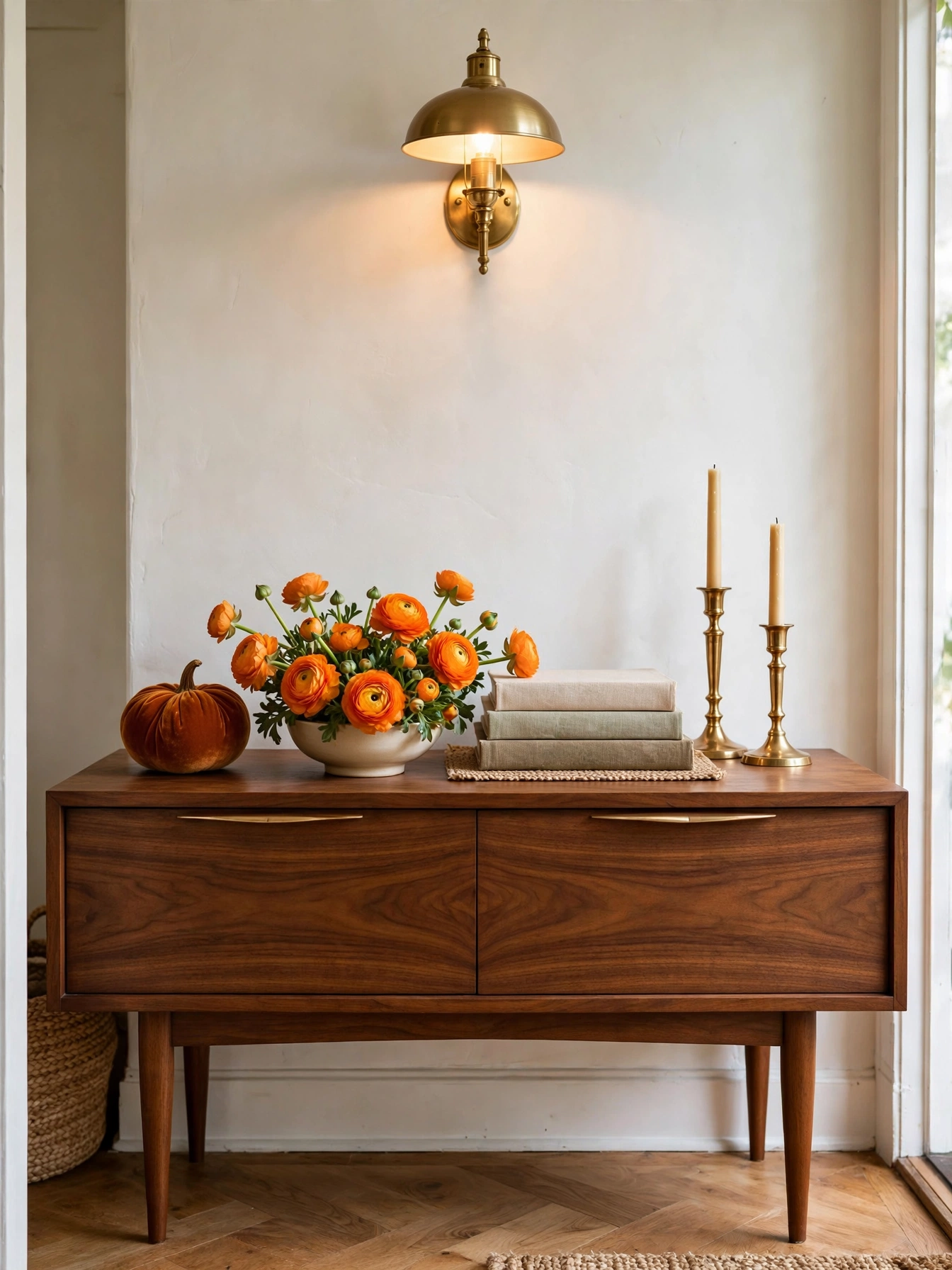 Fall entry table decor ideas for autumn 2026: a layered vignette with ranunculus bowl, brass candlesticks and stacked books on a walnut console.