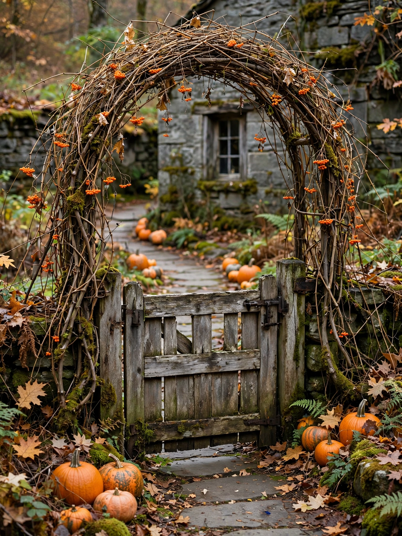 Rustic grapevine twig arch with bittersweet berries over a garden gate path, a storybook entry among fall front door decor ideas for autumn 2026.