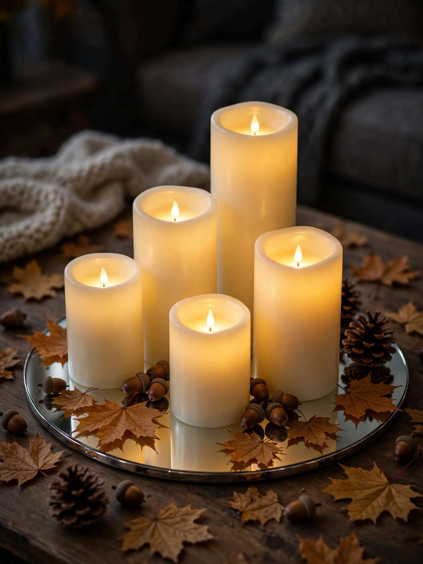 A cluster of ivory pillar candles of varied heights on a mirrored tray with dried leaves, a glowing fall living room decor ideas for autumn 2026.