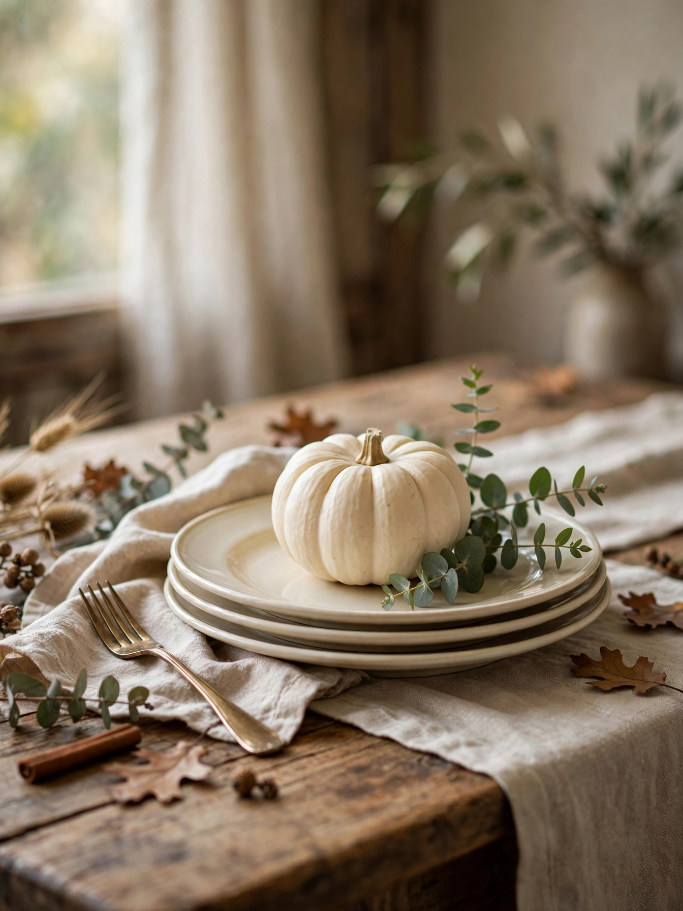 White mini pumpkin on each stack of plates with eucalyptus sprigs, one of the sweetest fall table decor ideas for autumn 2026.