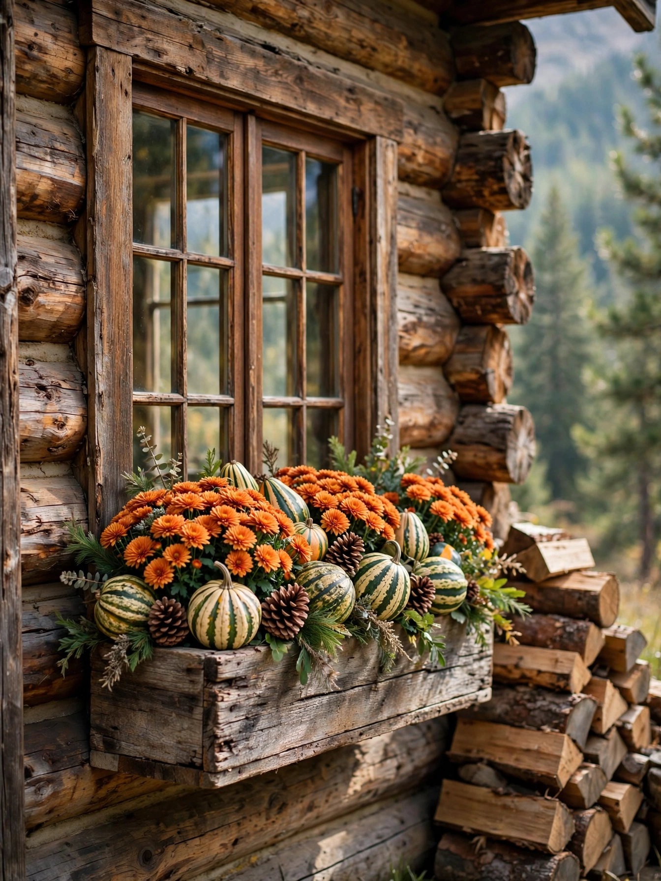 A reclaimed barn wood window box with mums, gourds and pinecones on a log cabin, one of the most characterful fall window boxes for autumn 2026 ideas.
