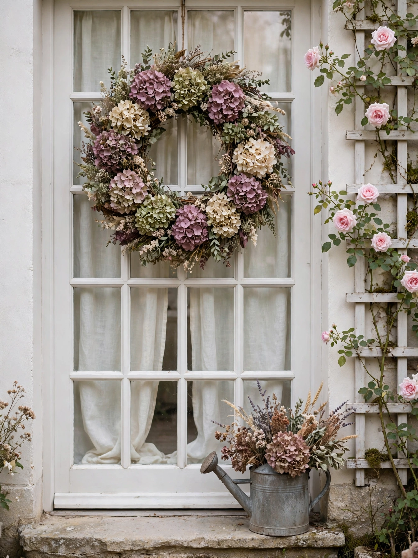 Dried hydrangea blooms in dusty mauve, sage and cream, a romantic French-country pick among fall wreath ideas for autumn 2026, on a soft white door.
