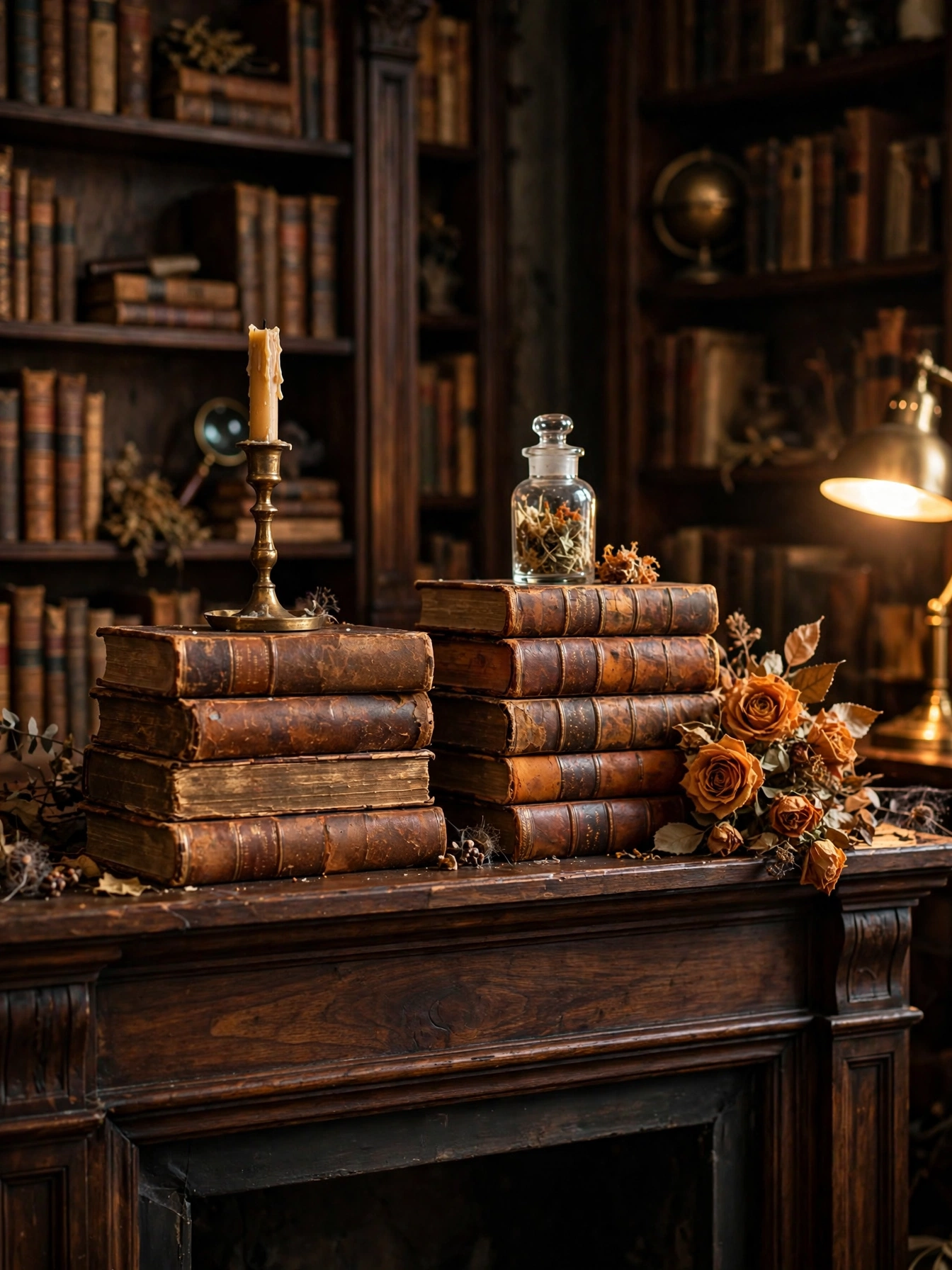 A Halloween mantel styled with tall stacks of vintage leather-bound books with aged covers, topped with a small brass cand...