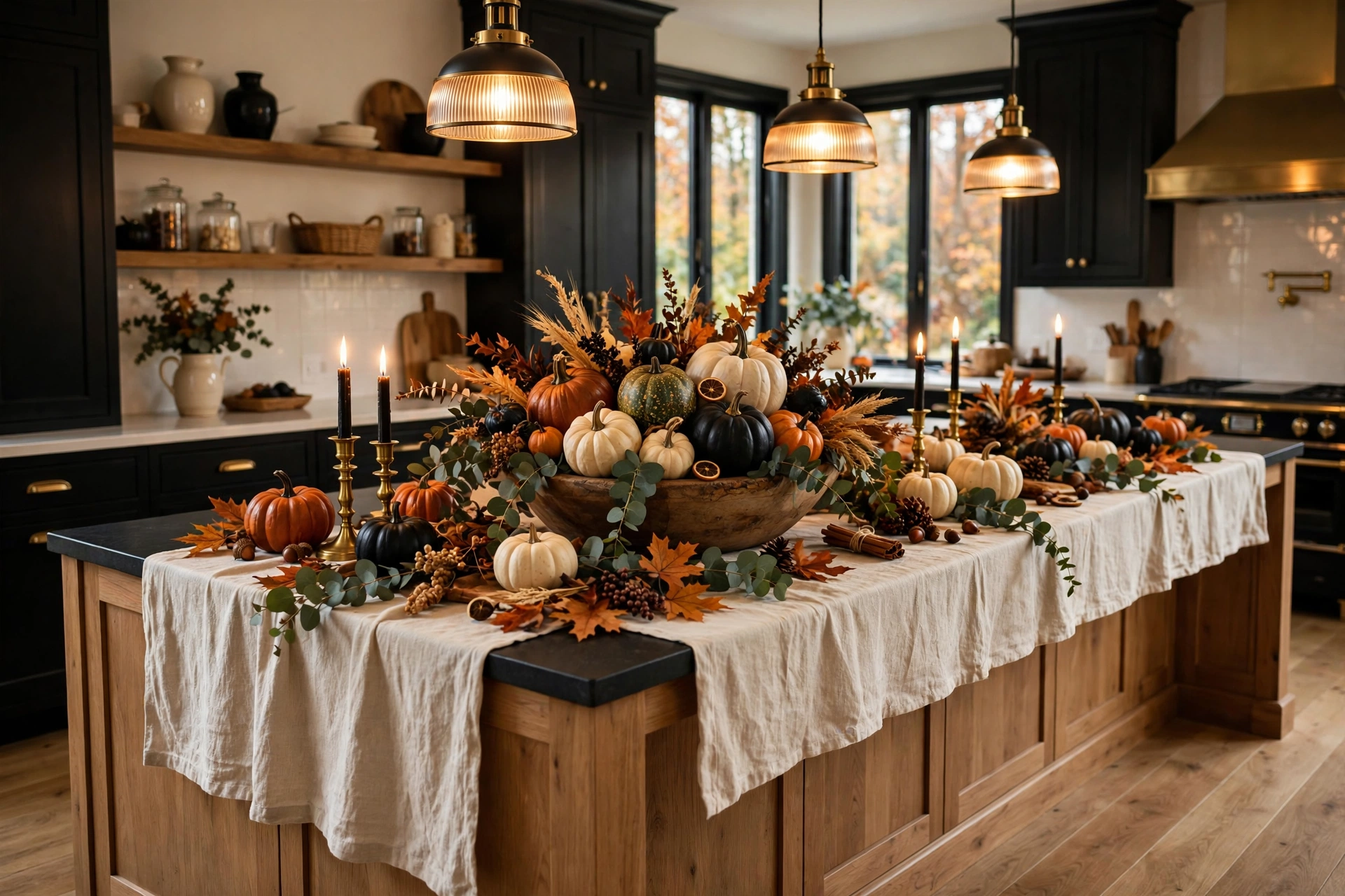 A fully styled kitchen island for Halloween with layered decor