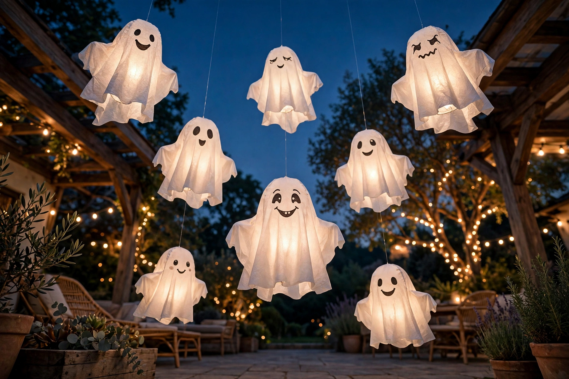 Hanging ghost lanterns for a Halloween party