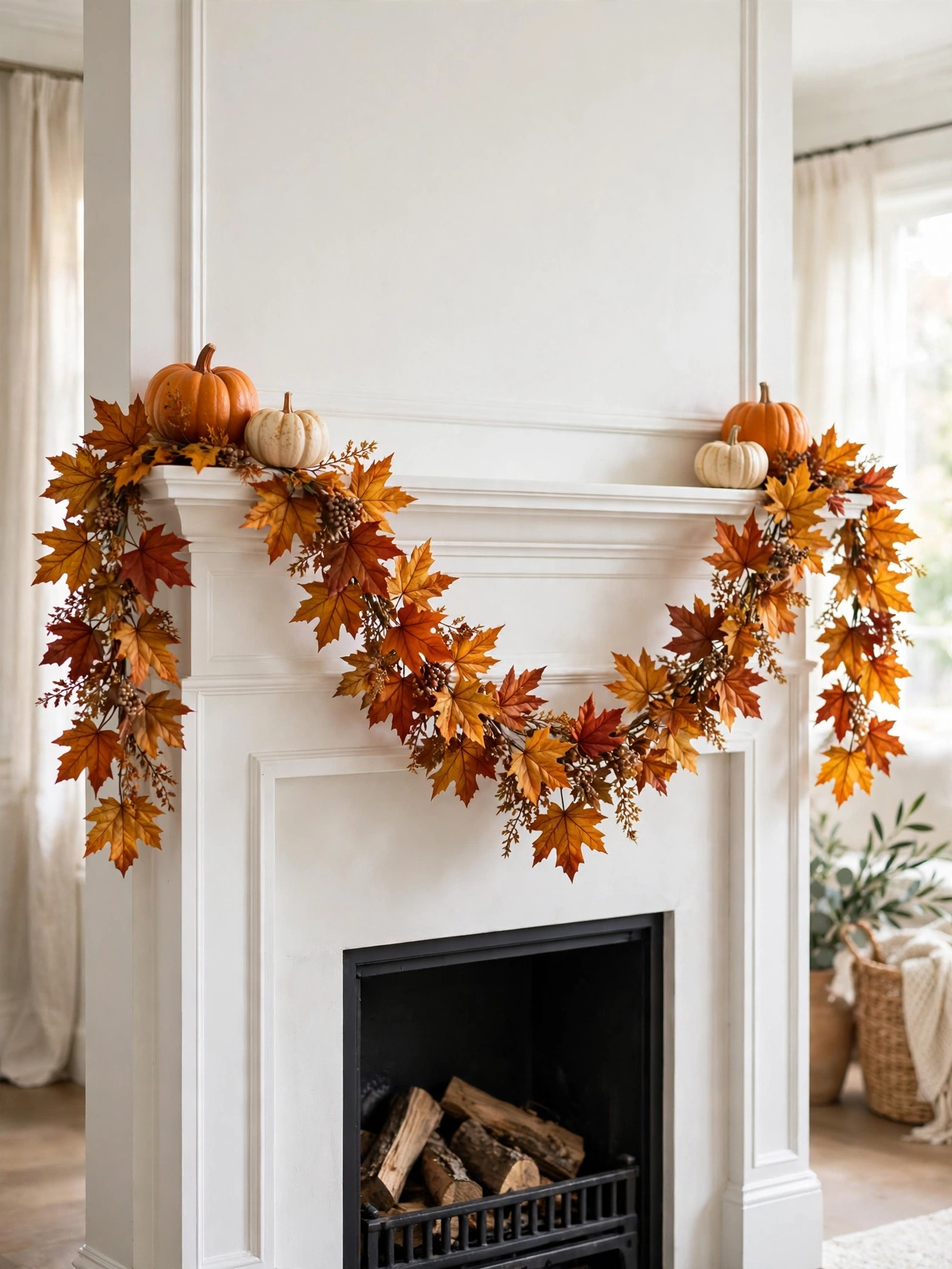 A faux maple leaf garland in amber and rust swagged across a white mantel with pumpkins at each end, a classic look from these simple fall decor ideas for autumn 2026.